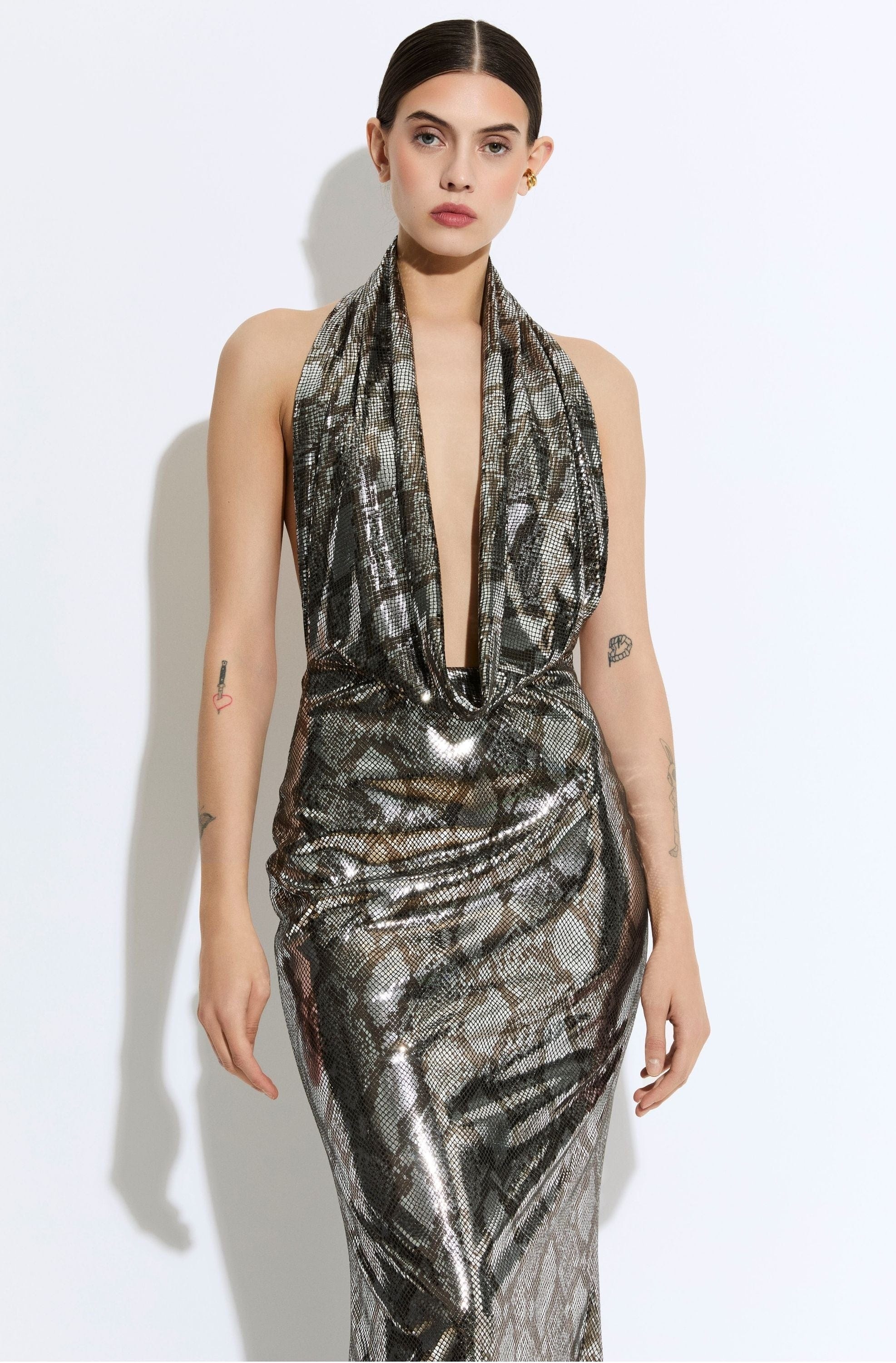Metal Snake Deep Cowl Neck Gown - 4