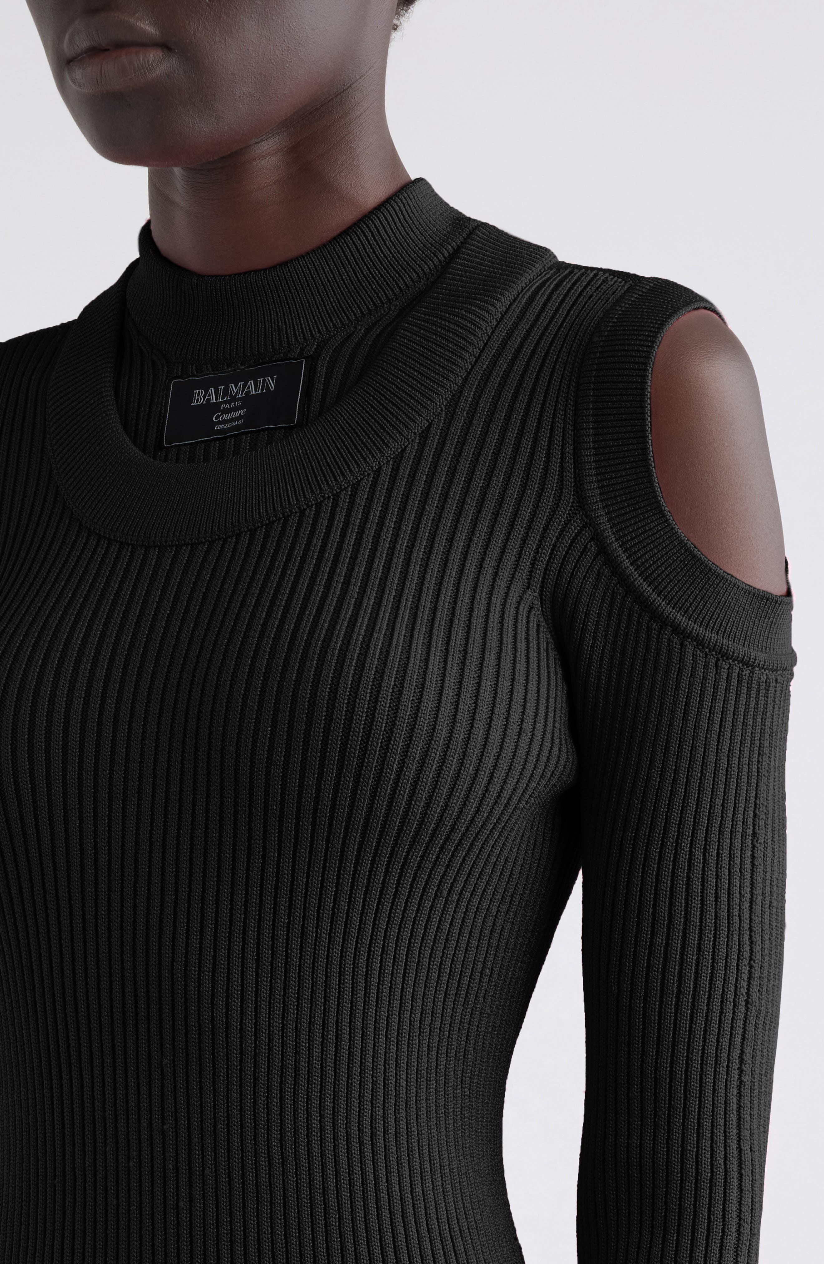 Balmain Shoulder Cutout Long Sleeve Rib Sweater Minidress in 0Pa Black at Nordstrom - 4
