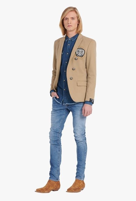 Dark sand-colored cotton blazer with embroidered Balmain badge and double-breasted silver-tone butto - 2
