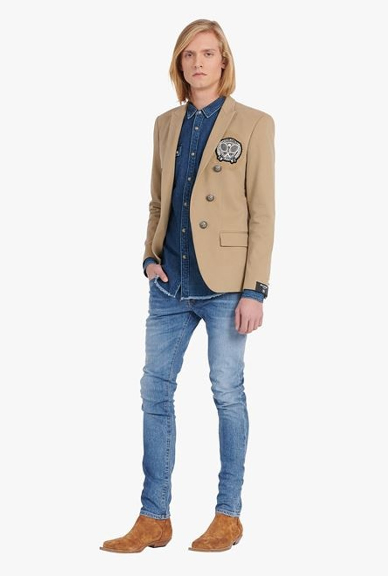 Balmain Dark sand-colored cotton blazer with embroidered Balmain badge and double-breasted silver-tone butto outlook