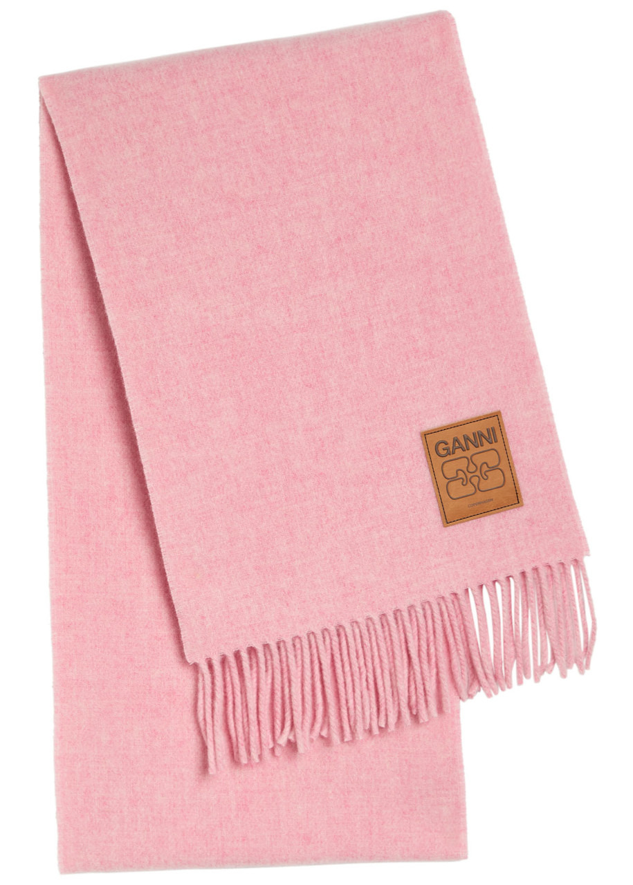 Ganni Designer-appliqué Fringed Wool Scarf - 1