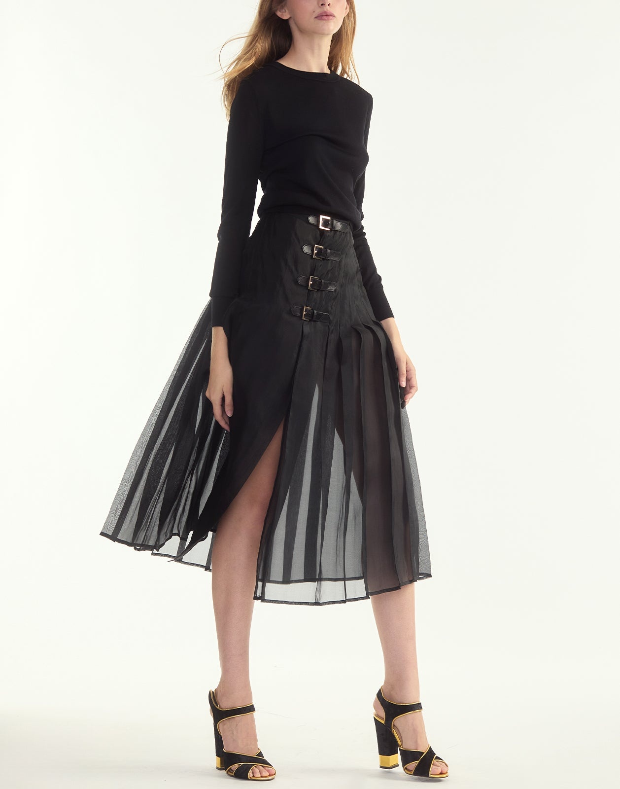 Pleated Buckle Silk Organza Skirt - 4