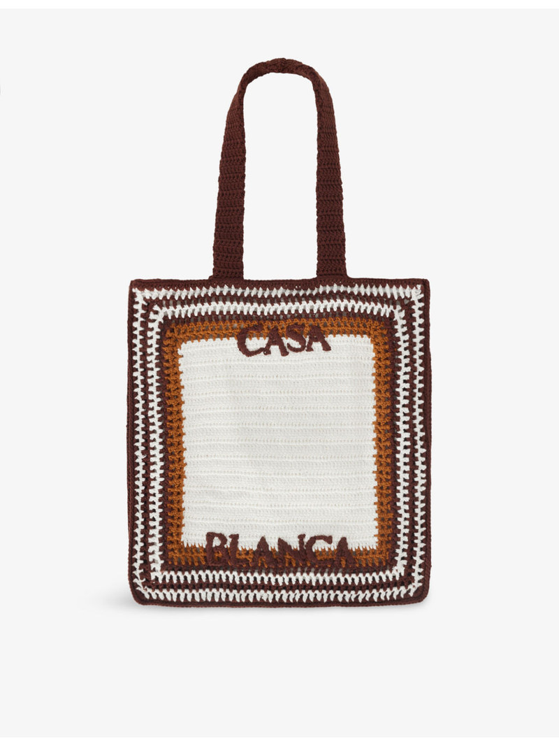 Embroidered-Logo Striped Cotton-Crochet Tote Bag 1