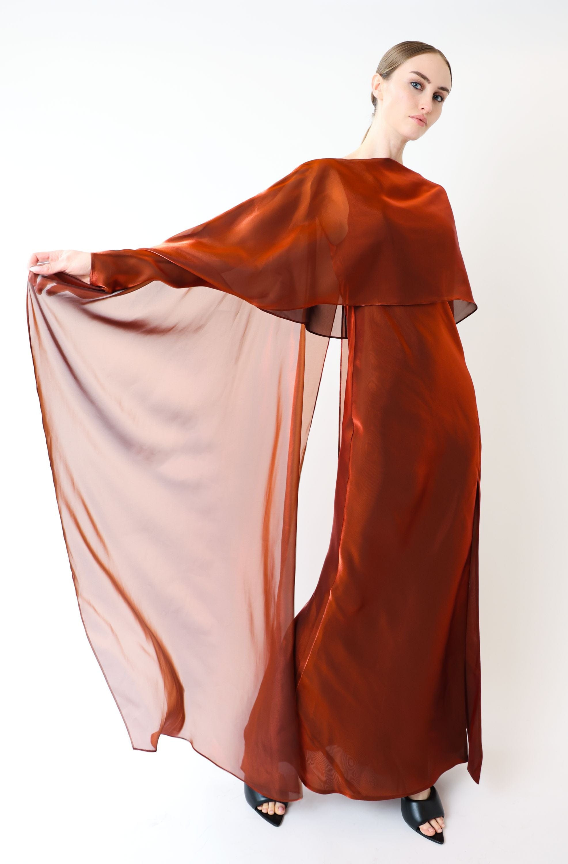 Metallic Organza Layered Gown With Cape - 4