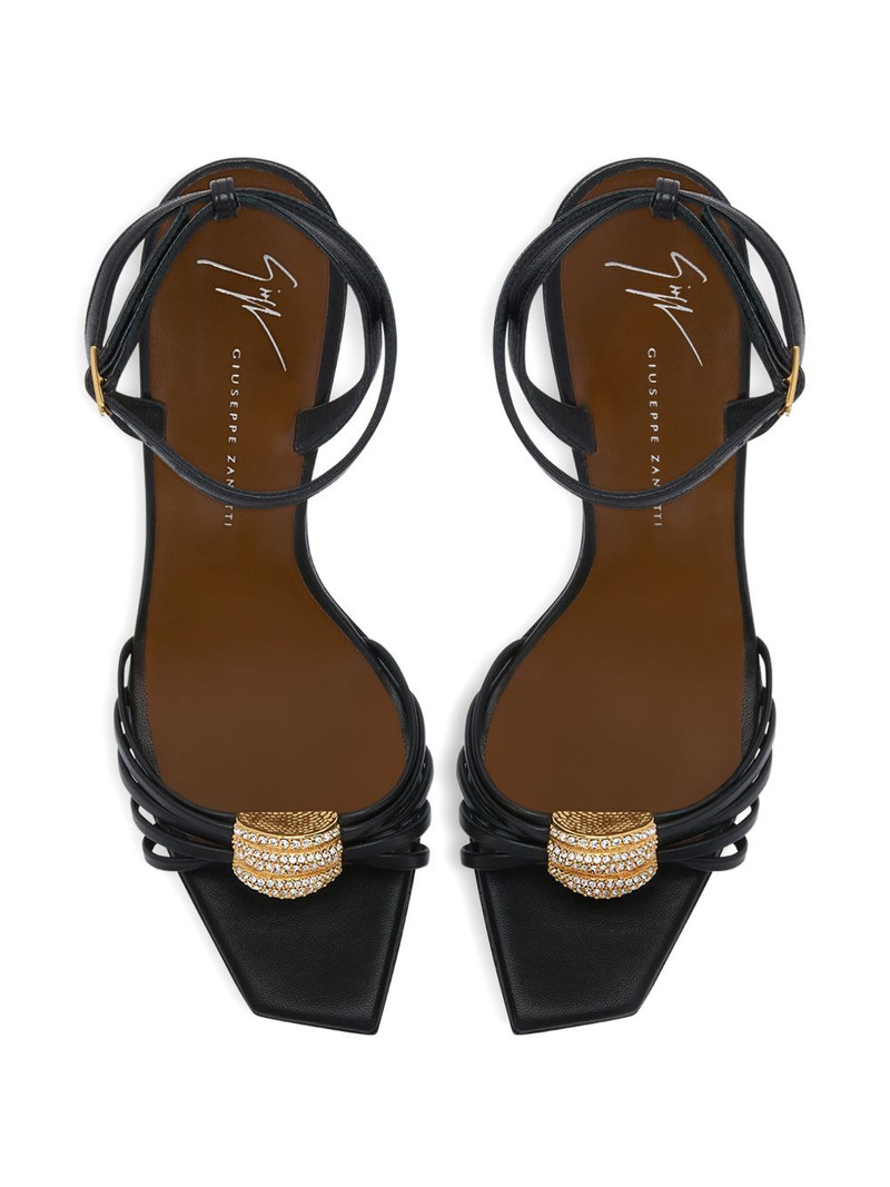 Sunset Glow rhinestone brooch strappy leather sandals 4