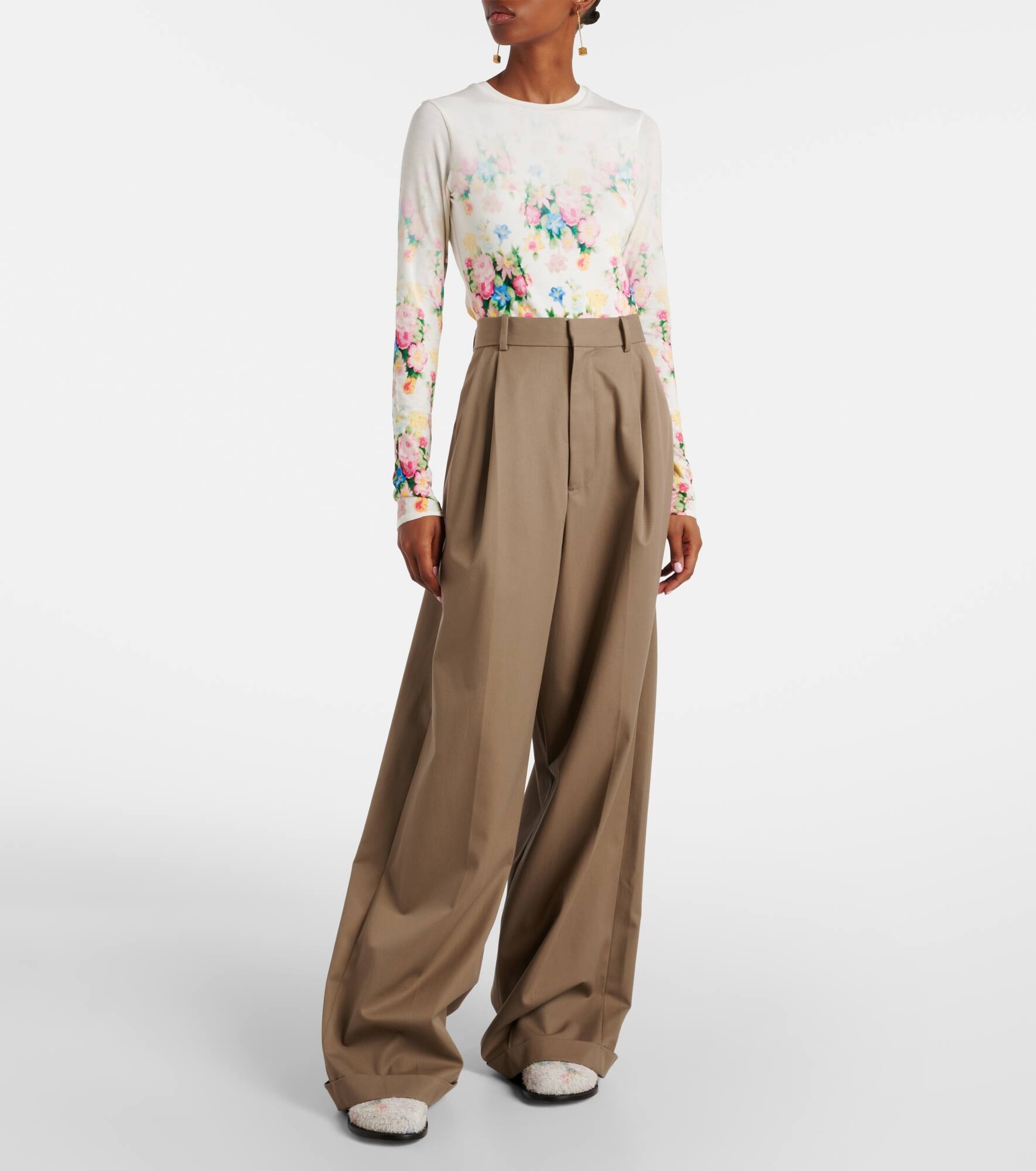 Pleated cotton and silk wide-leg pants - 7