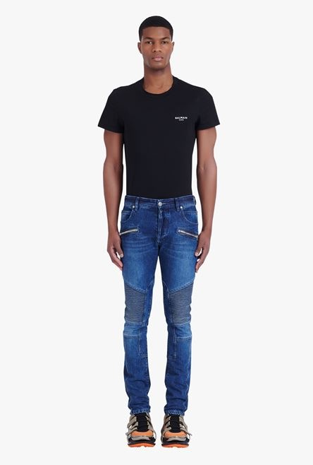 Slim cut ridged blue raw cotton jeans - 4