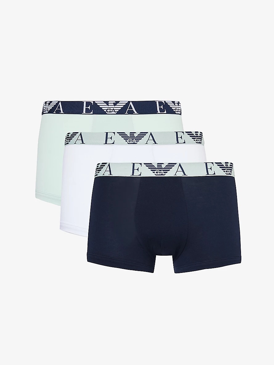 Branded-waistband pack of three stretch-cotton trunks - 1