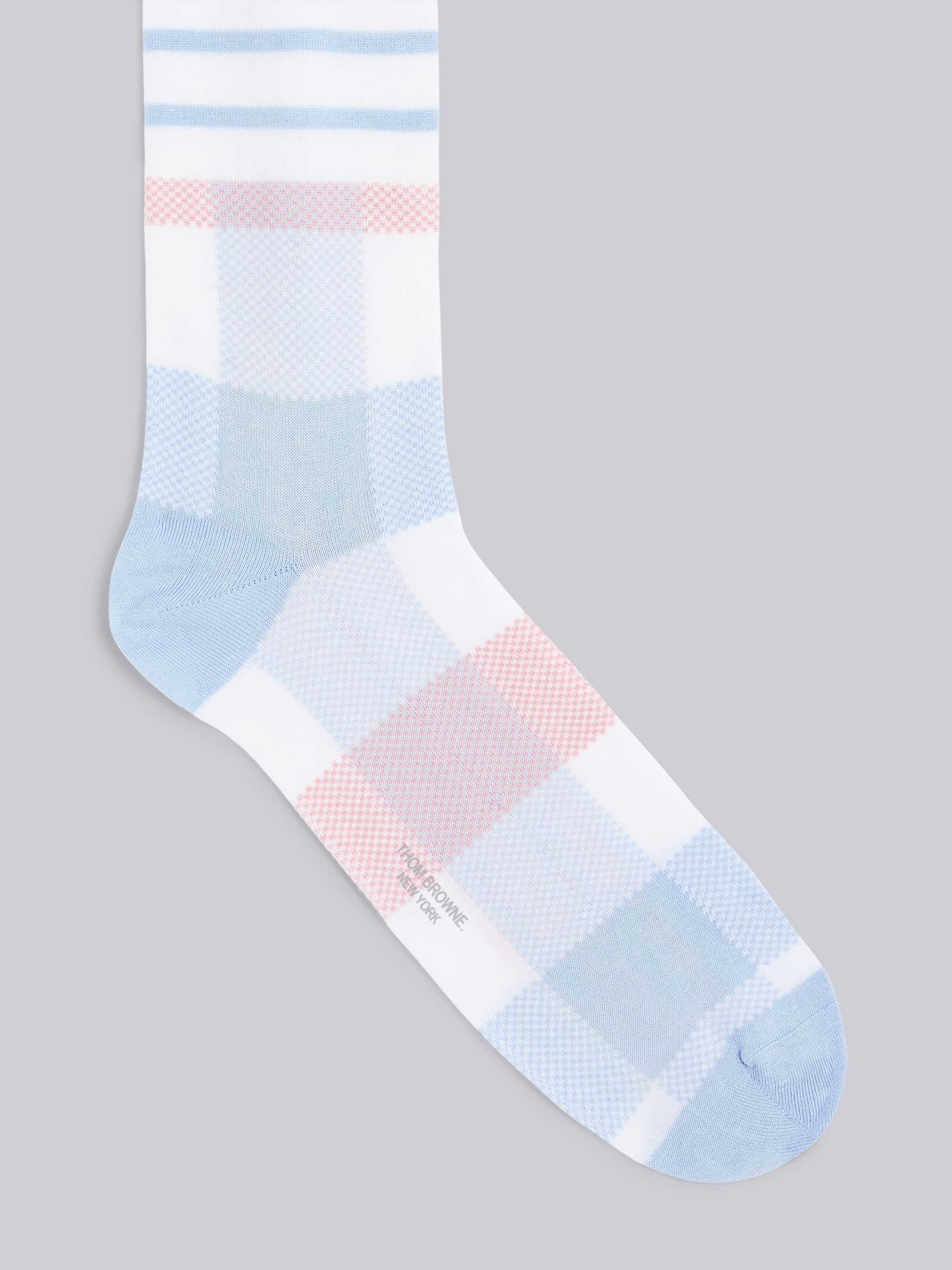 Light Blue Cotton Buffalo Check Mid-calf 4-Bar Socks - 2