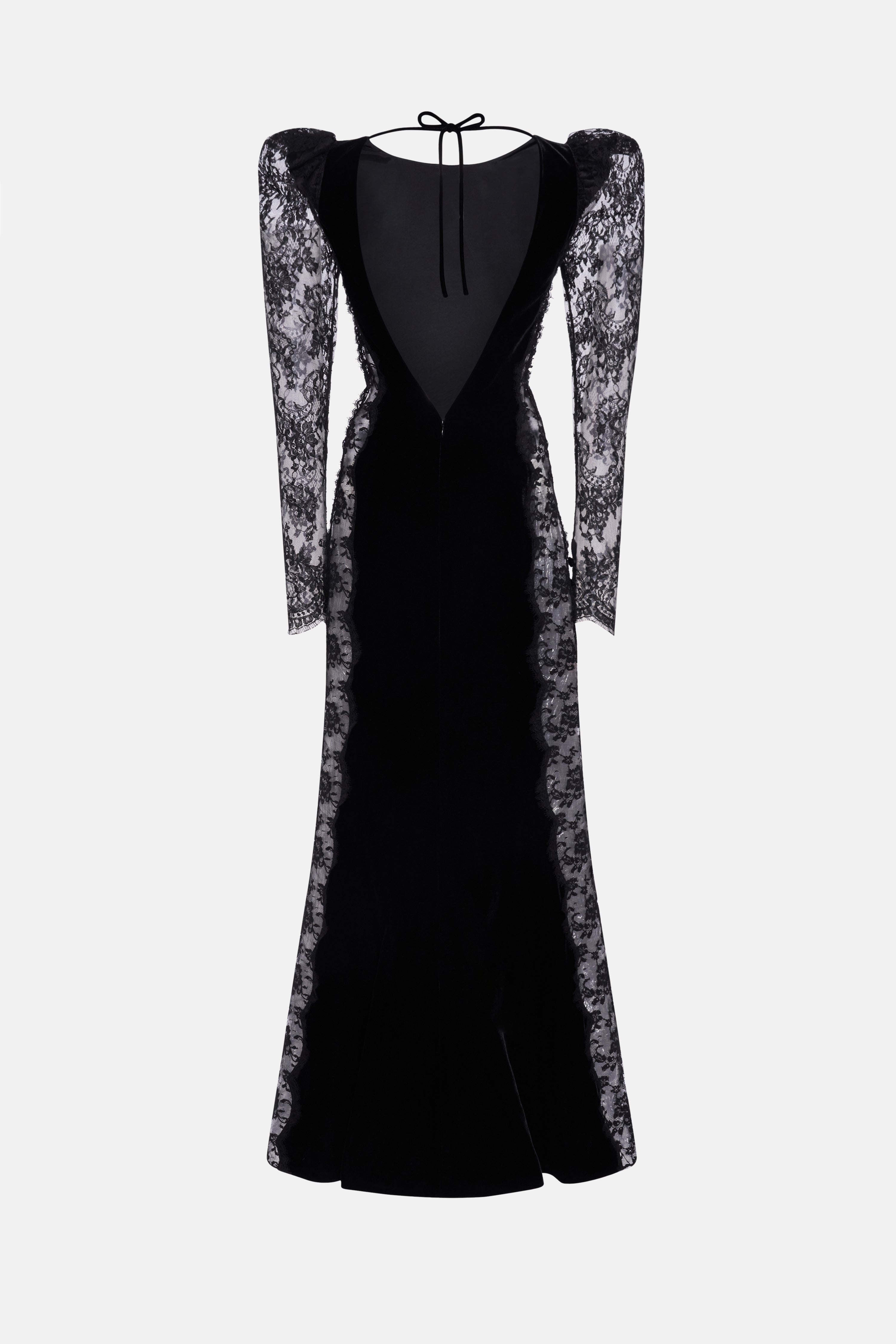 OPEN BACK VELVET EVENING DRESS WITH LACE INTARSIA - 2