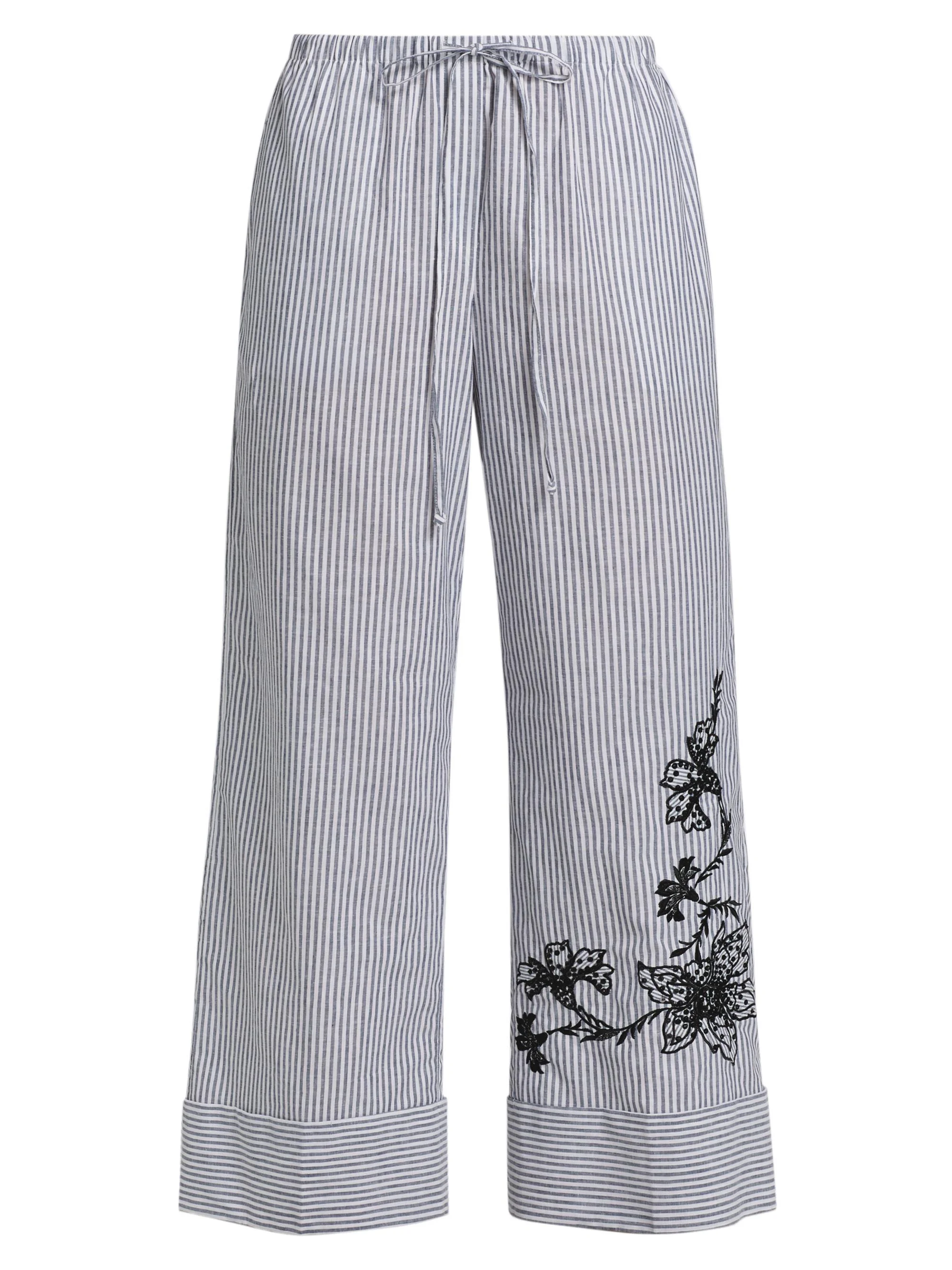 Women's Callie Embroidered Striped Pants - Black White - 1