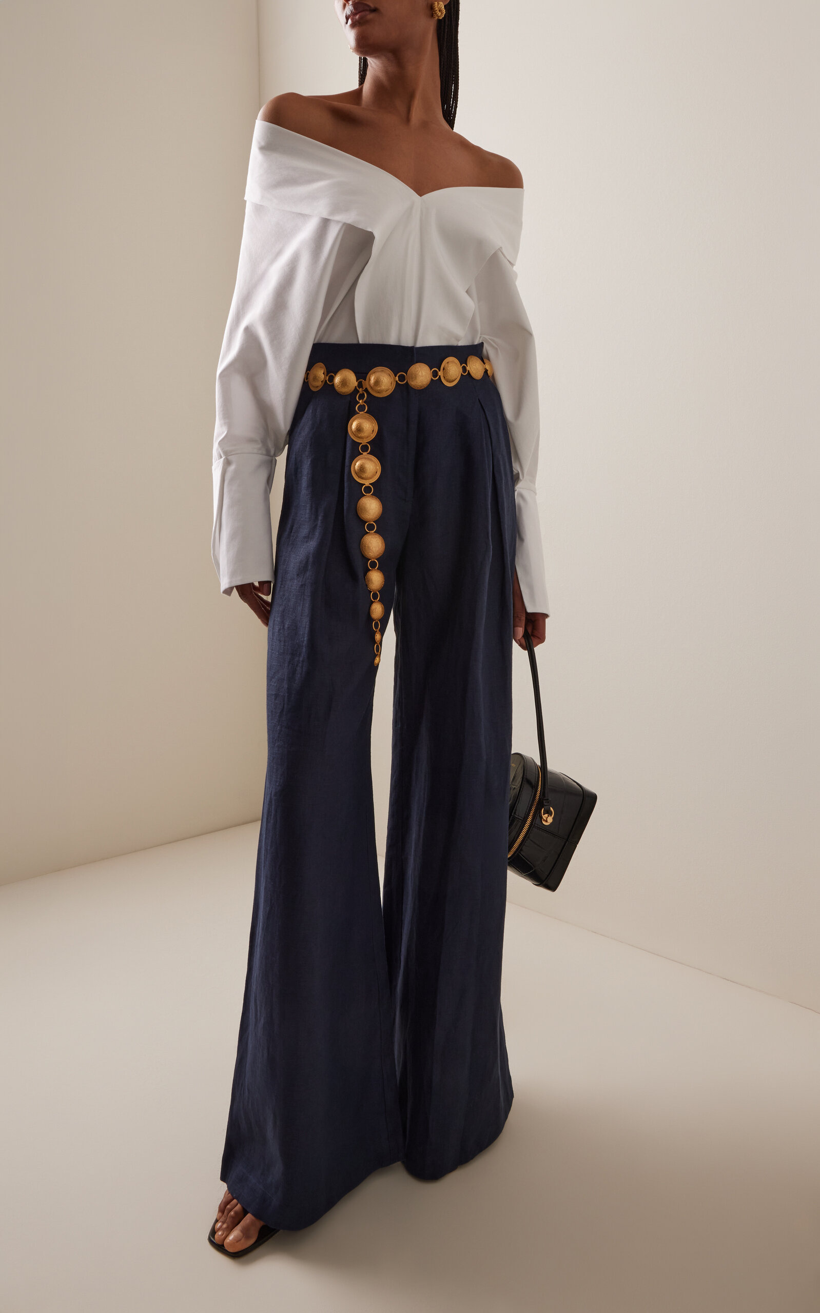 Una Metafora Pleated Linen Flared Pants navy - 2