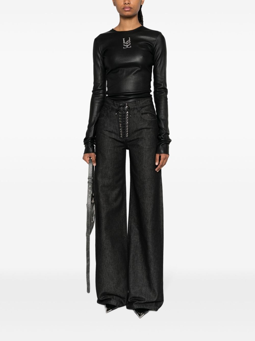 rhinestone-embellished leather top - 2