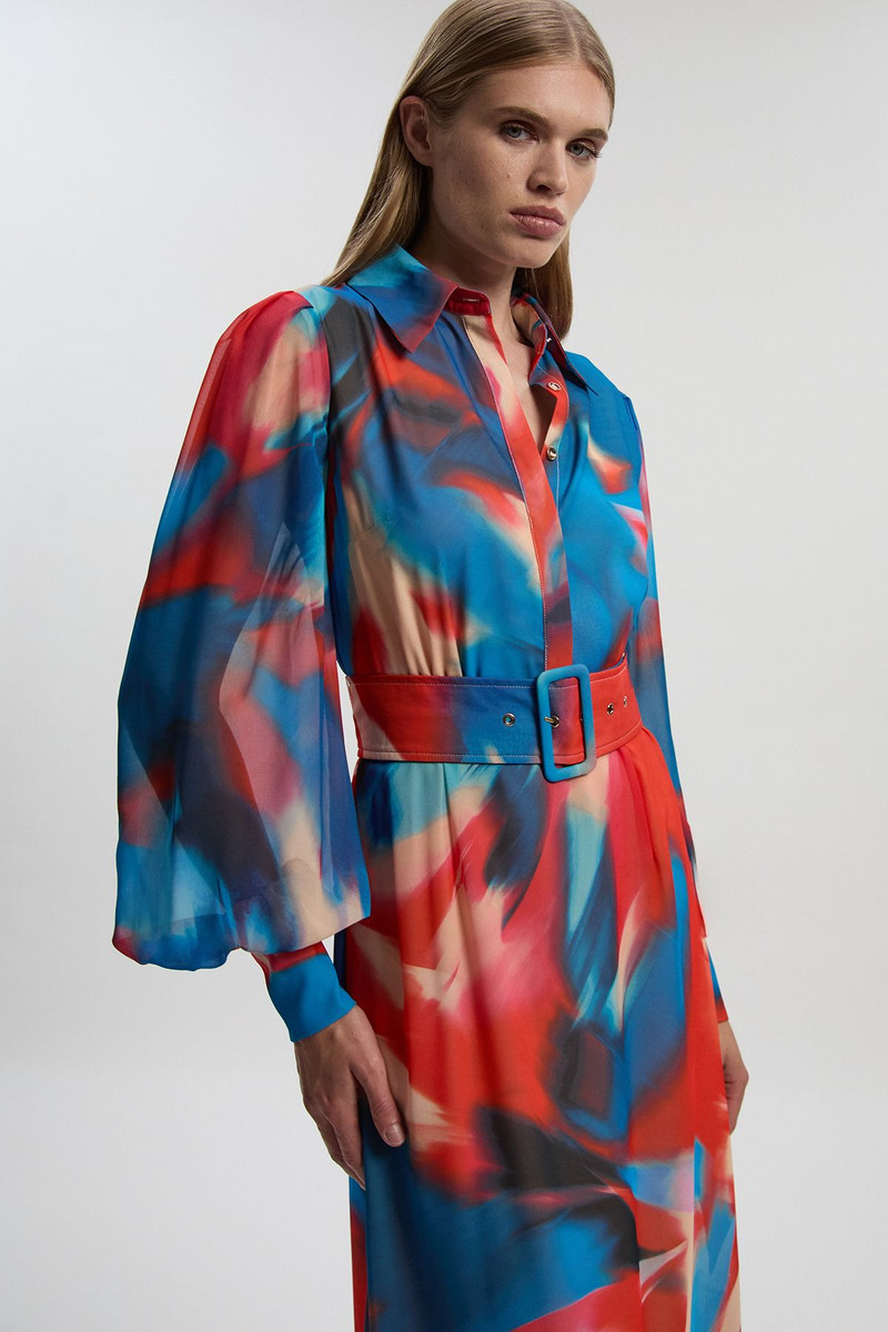KAREN MILLEN Georgette Belted Blur Print Woven Shirt Dress outlook