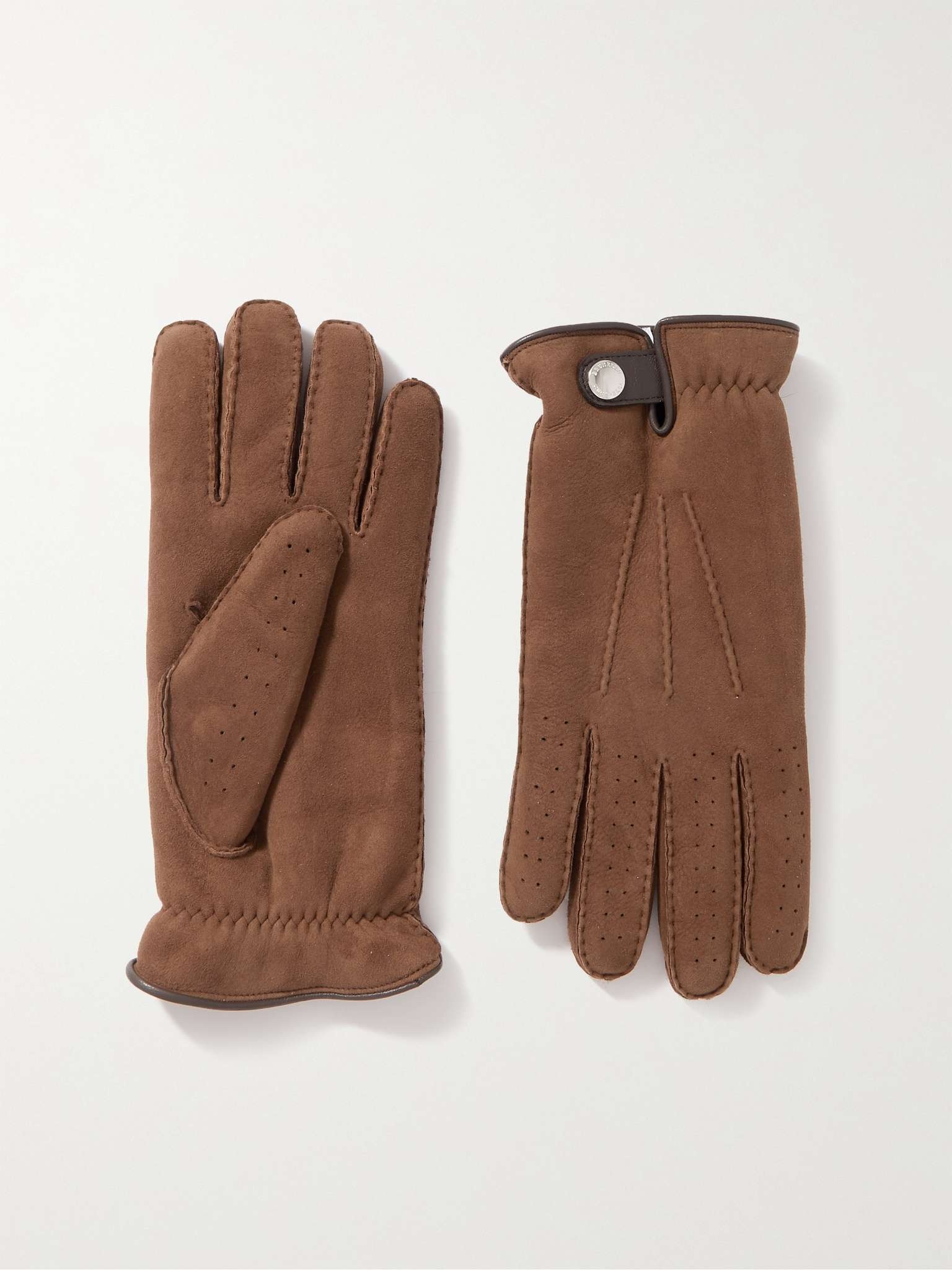 Shearling-Lined Perforated Suede Gloves - 1