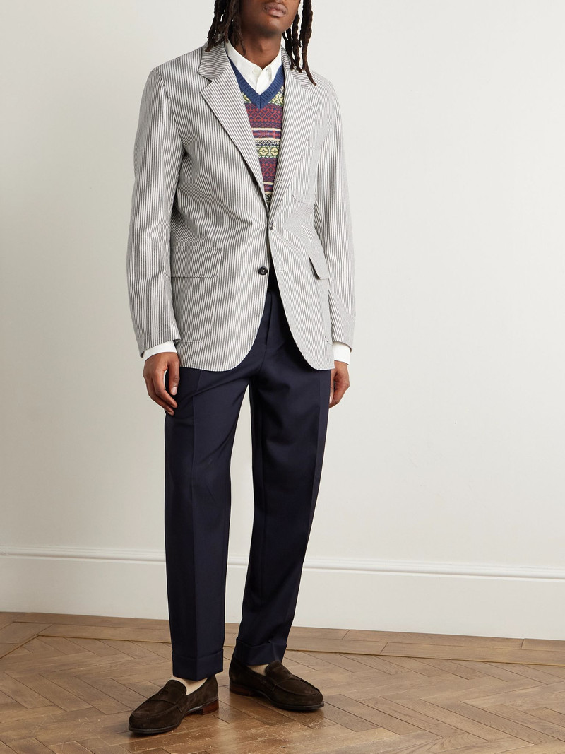 Drake's Unstructured Striped Cotton and Linen-Blend Blazer Navy outlook