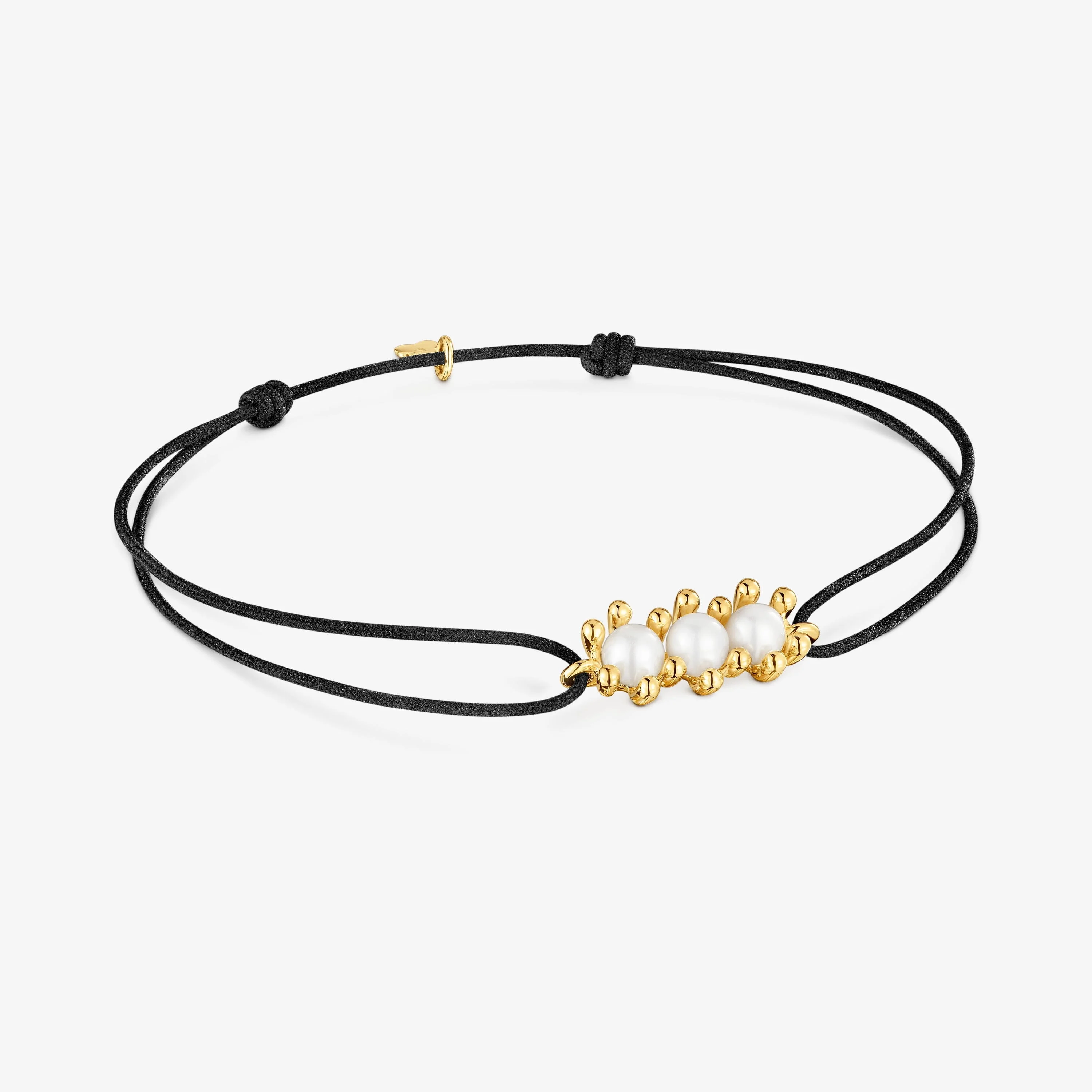 18K solid gold Bracelet with cultured pearls and black nylon Daisy - 1