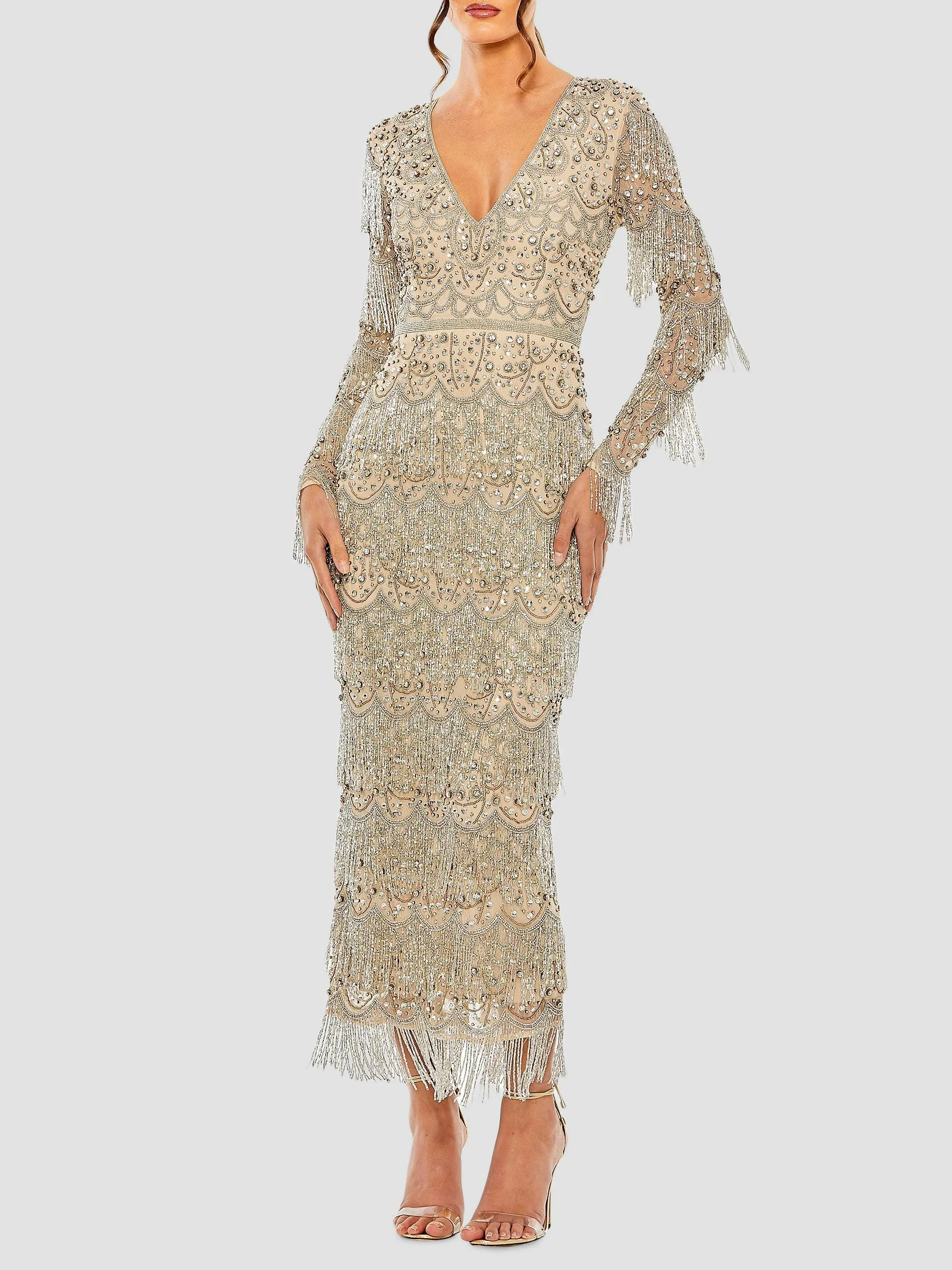 Women's Fringe Crystal-Embellished Maxi Dress - Beige Silver - 1