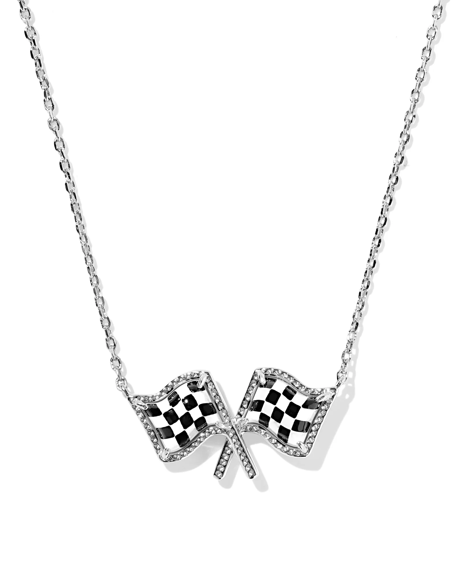 Checkered Flag Silver Short Pendant Necklace - 1