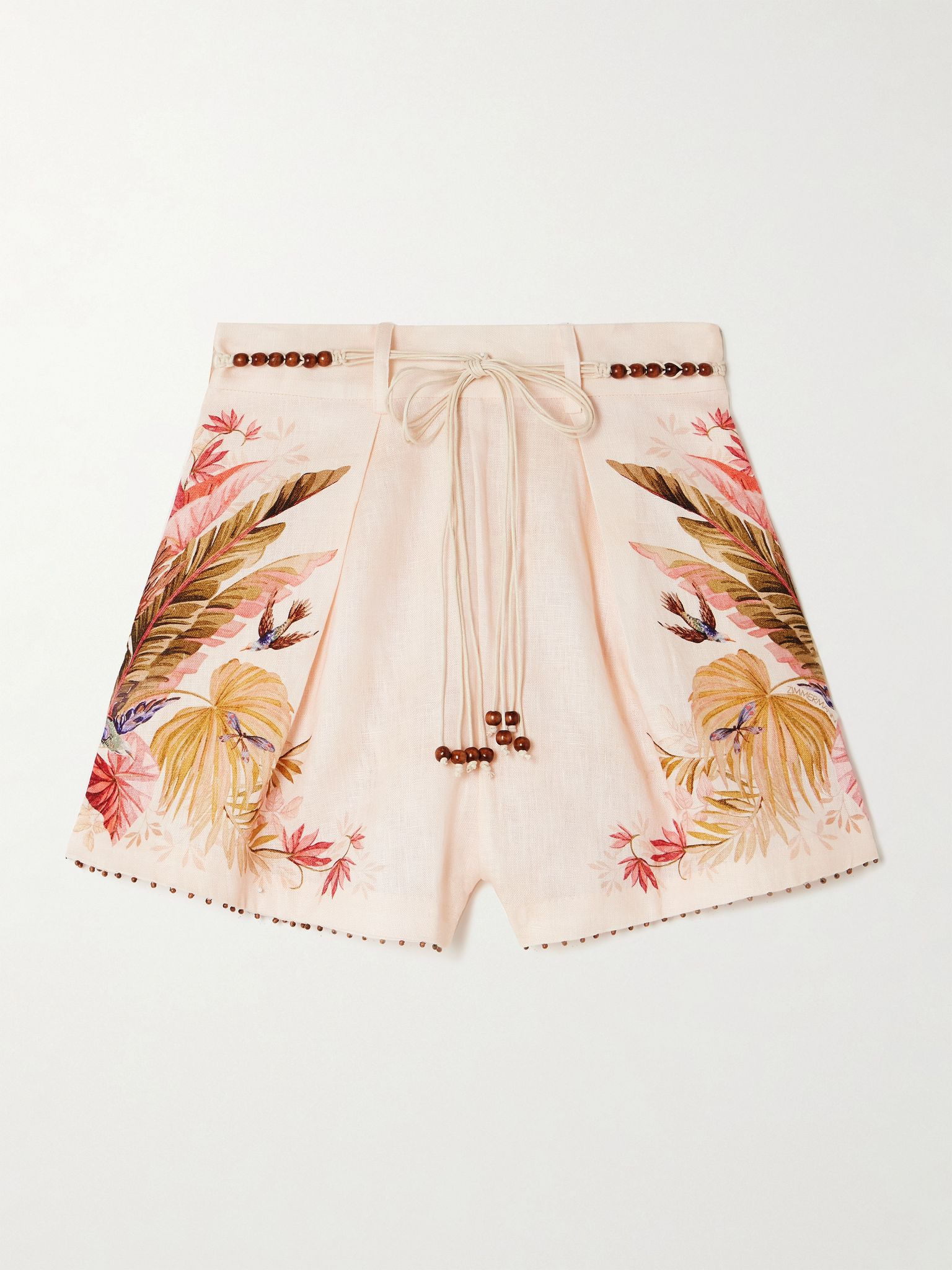 Ascension belted bead-embellished floral-print linen shorts Cream - 1