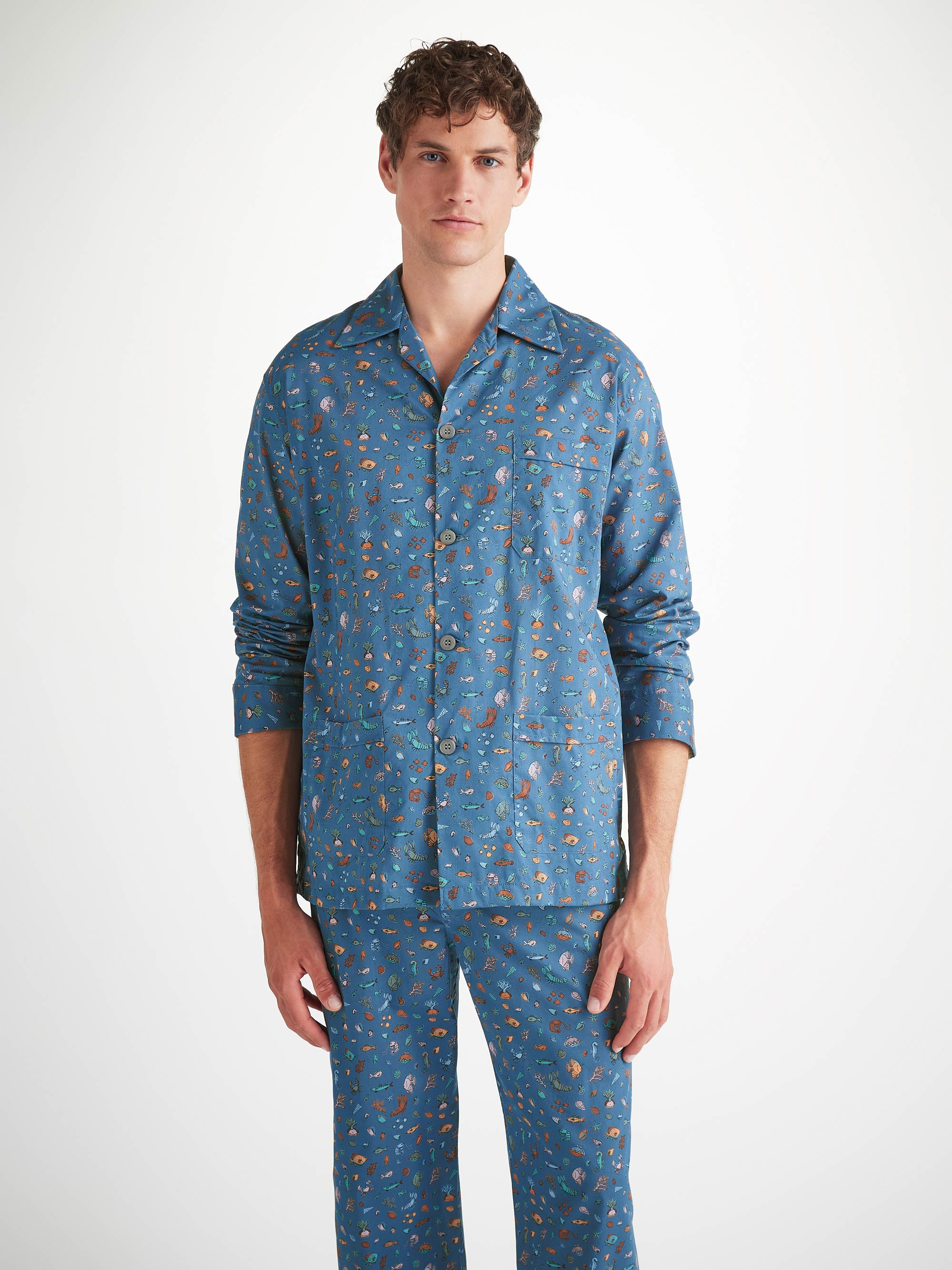Men's Classic Fit Pajamas Cotton Batiste Blue Sea Friends Print - 5