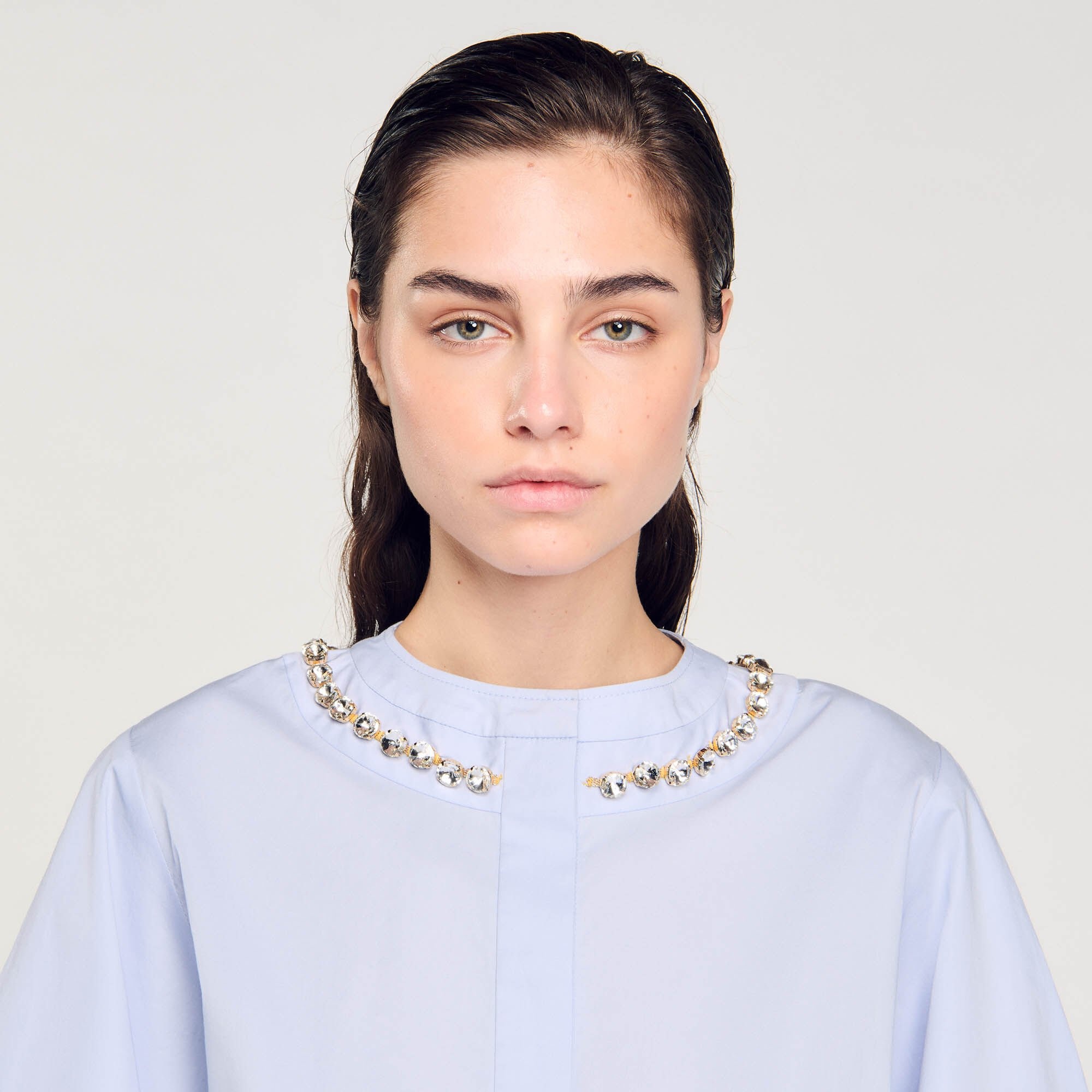 CROPPED SHIRT WITH JEWEL TRIM COLLAR - 4