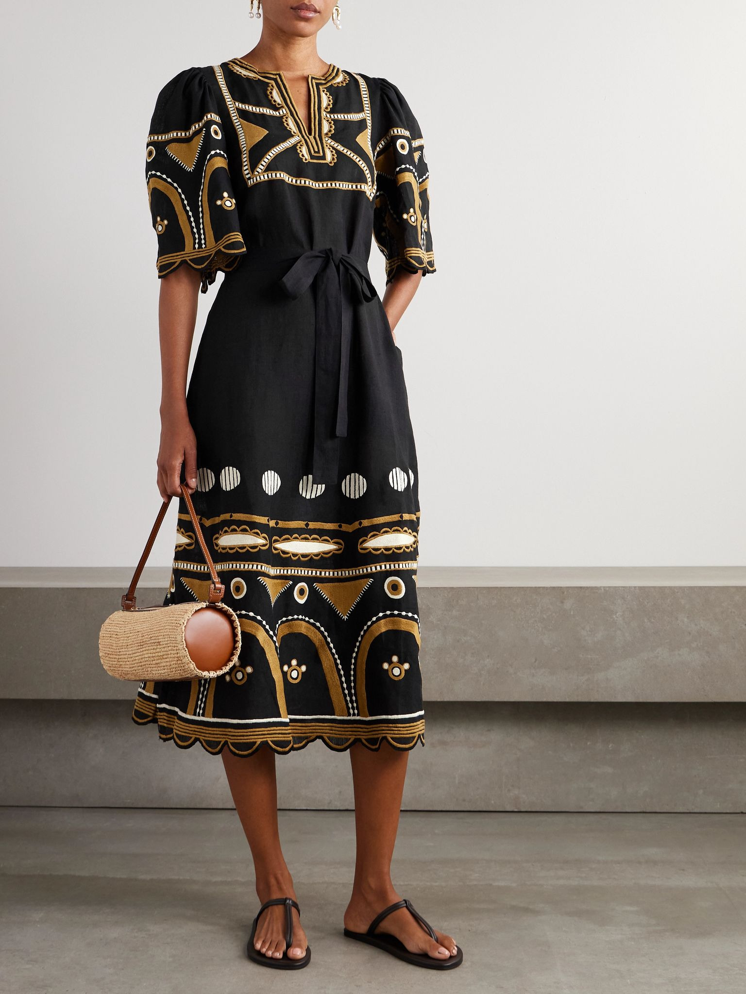 Ornament belted embroidered linen midi dress Black - 2