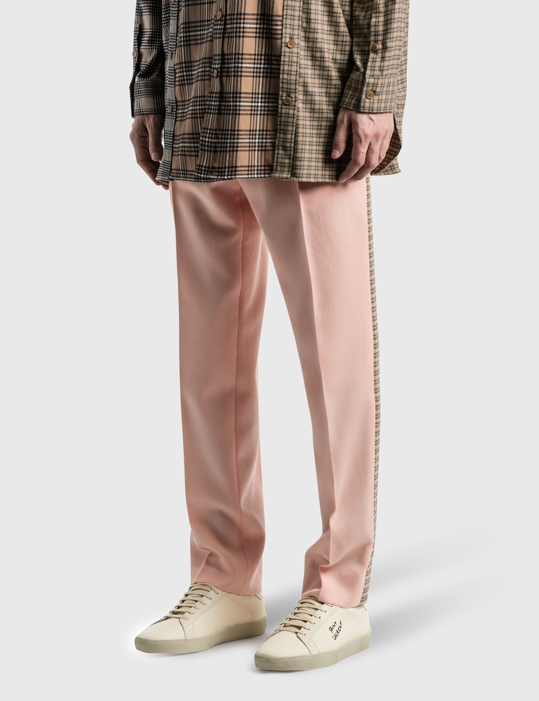 CHECK SIDE STRIPE DRY WOOL TWILL TAILORED TROUSERS - 2