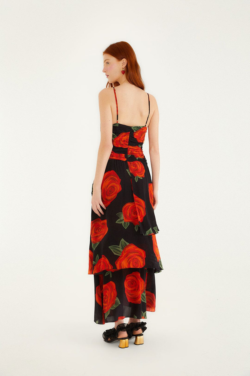Black Latin Roses 3D Flower Layered Maxi Dress 5