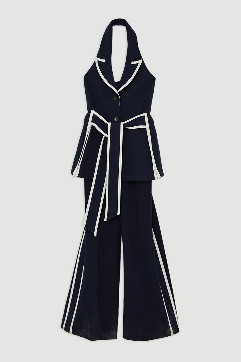 Compact Stretch Contrast Tipped Belted Wide Leg Tailored Jumpsuit 4