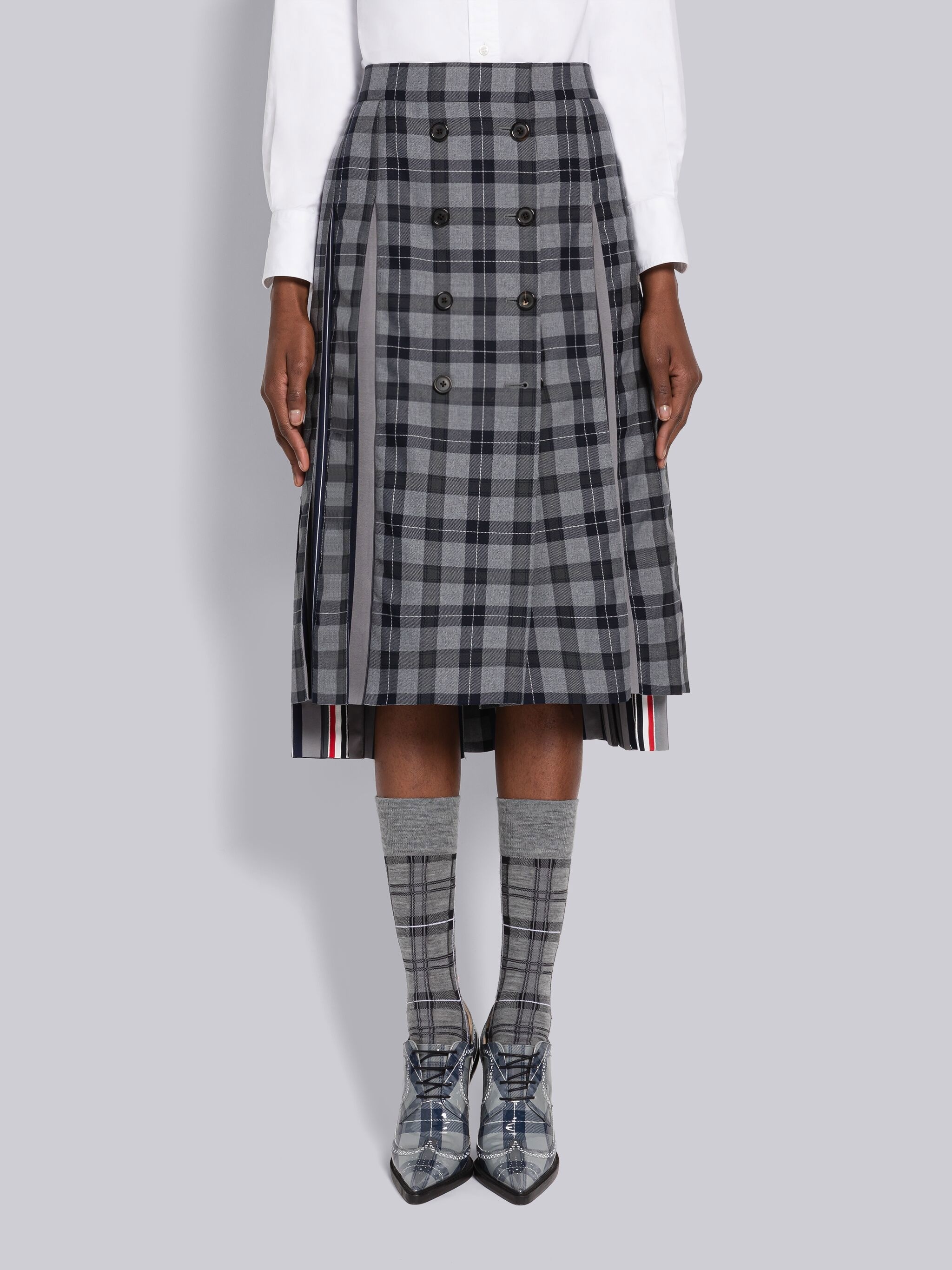 Tartan Silk Insert Double Breasted Pleated Skirt - 1