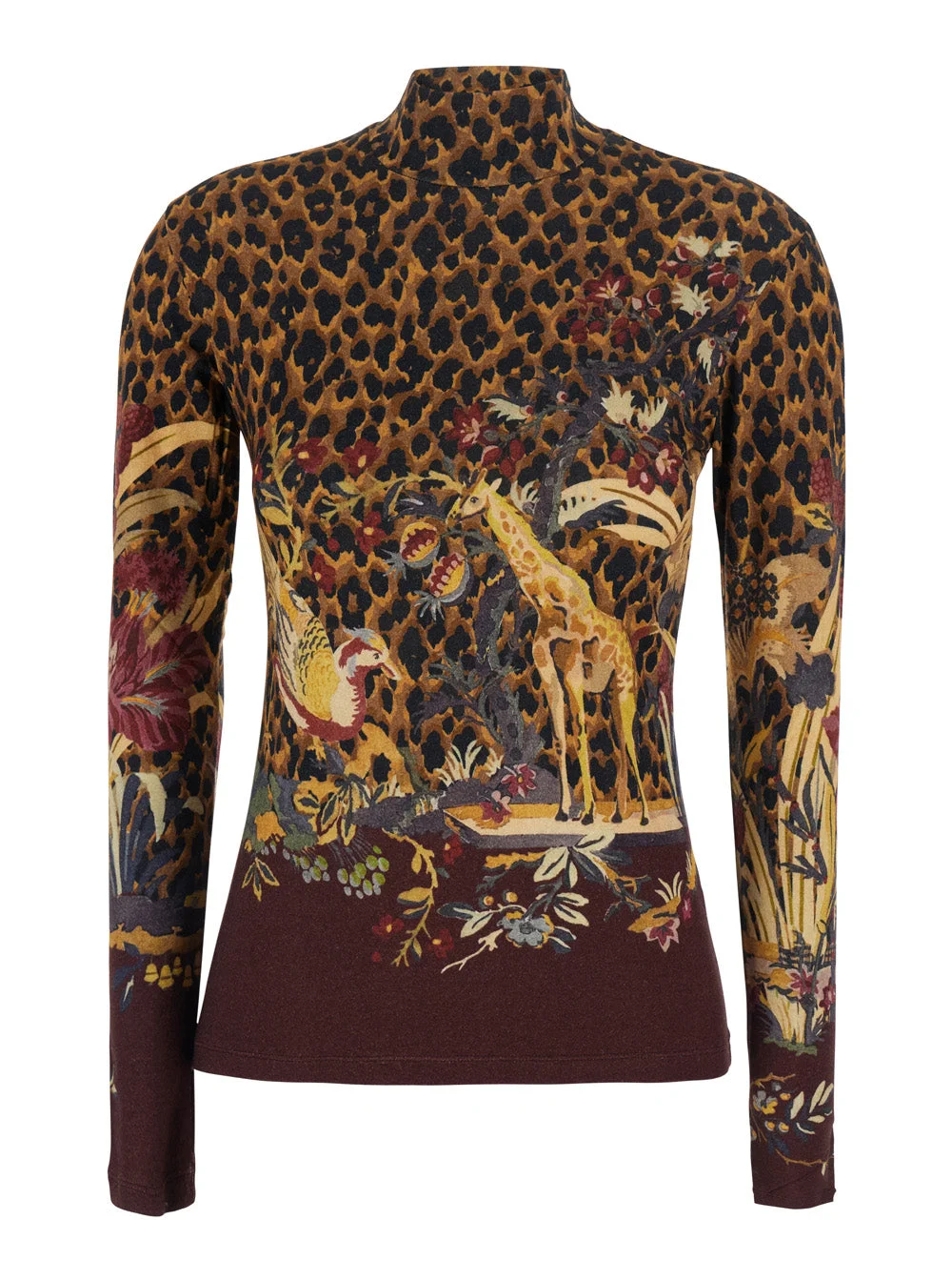Etro Women Brown High-Neck Sweater With Animal Motif All-Over In Wool Blend Women - 1