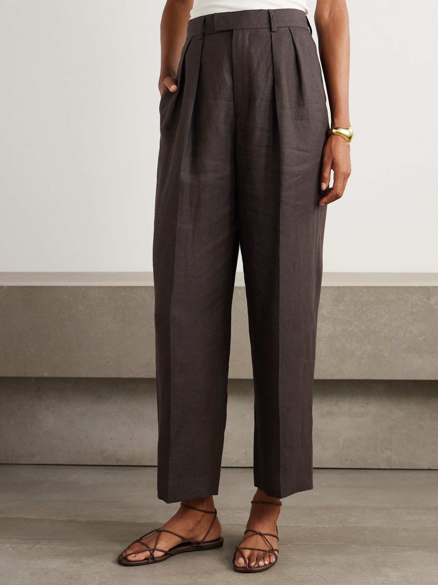 Rodger pleated linen straight-leg pants Brown - 3