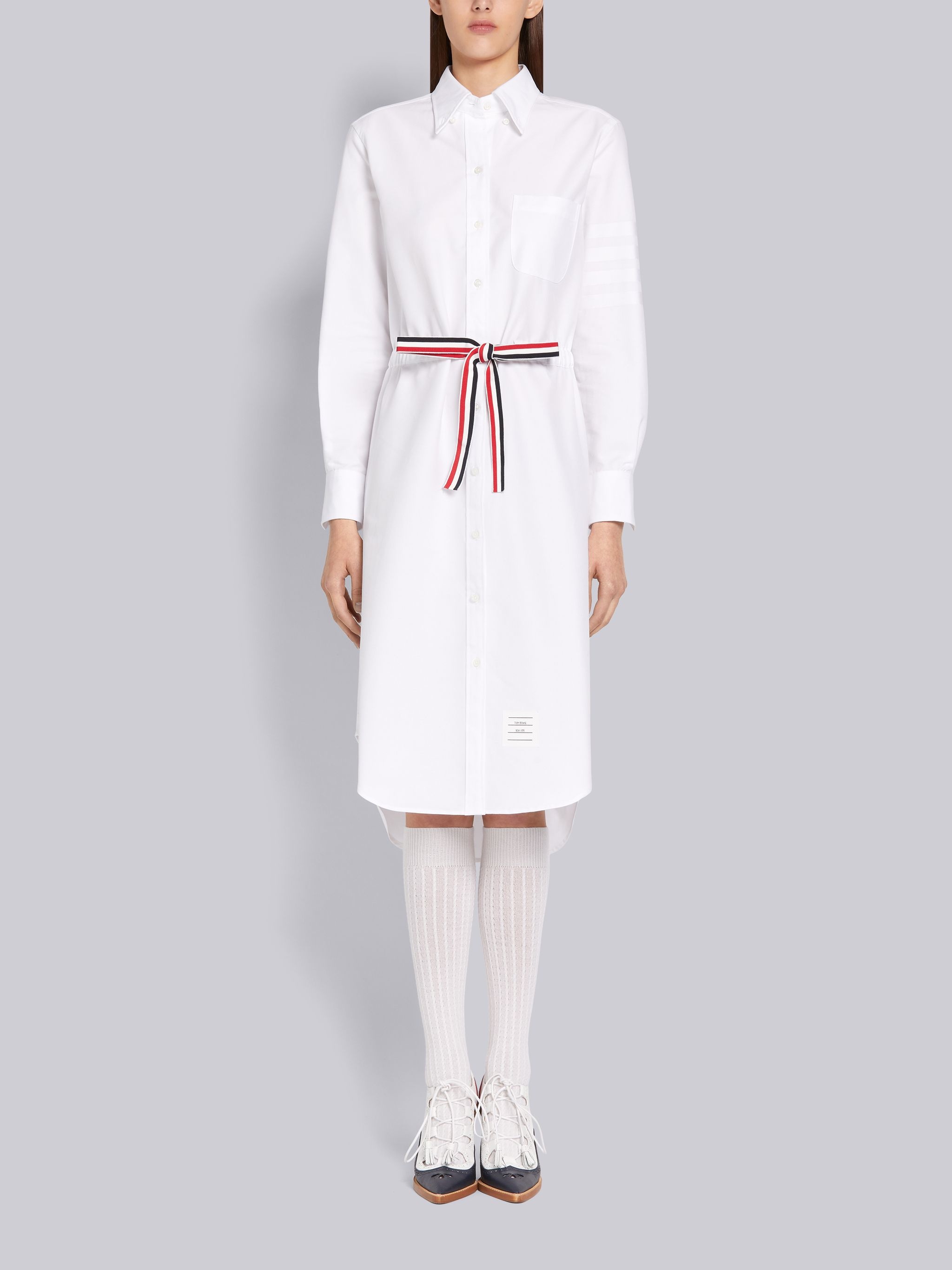 White Cotton Oxford Grosgrain Belt Long Sleeve Below the Knee Tonal 4-Bar Shirtdress - 1