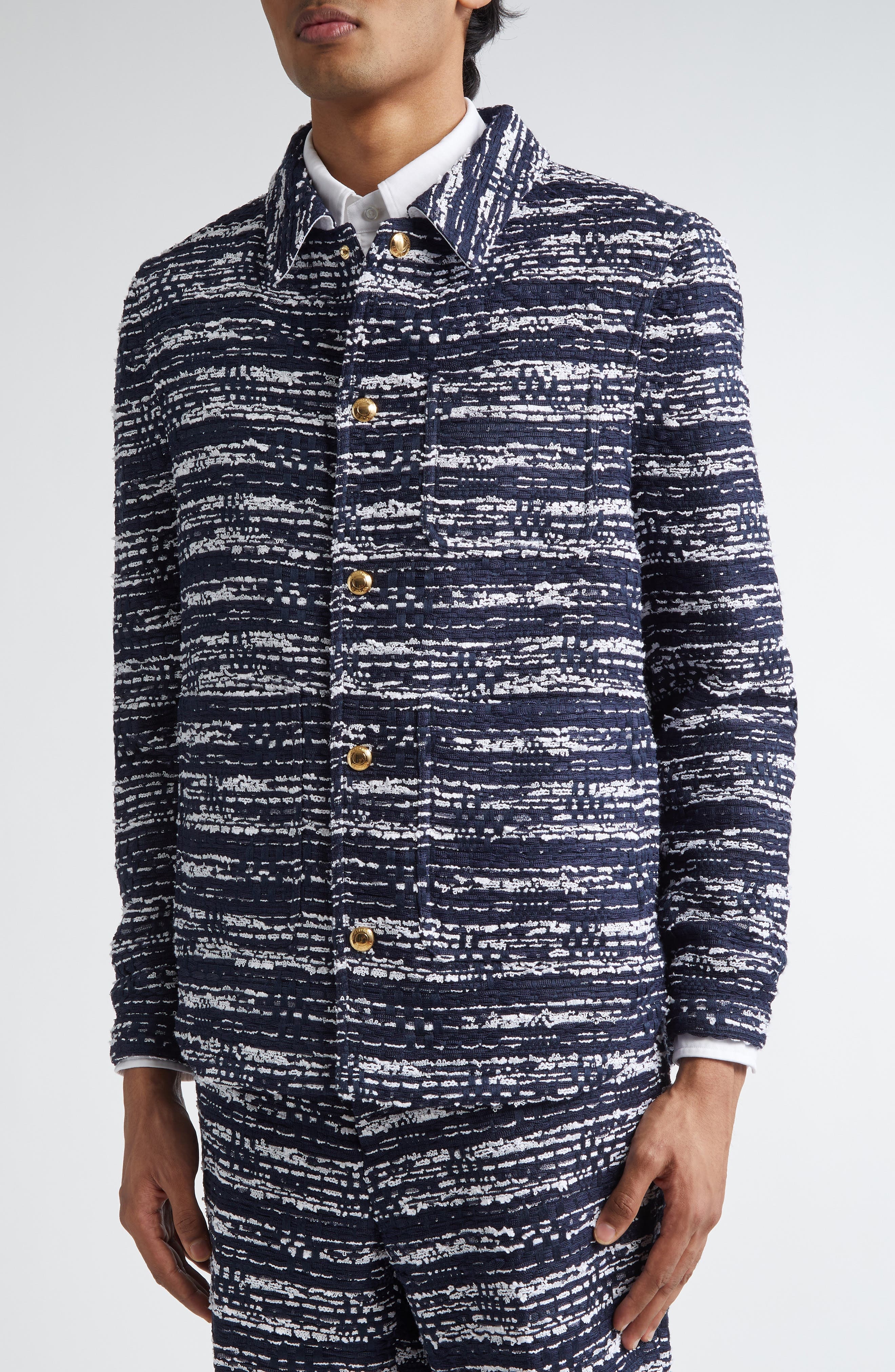 Thom Browne Mèlange Tulle Yarn Tweed Utility Jacket in Navy at Nordstrom - 5
