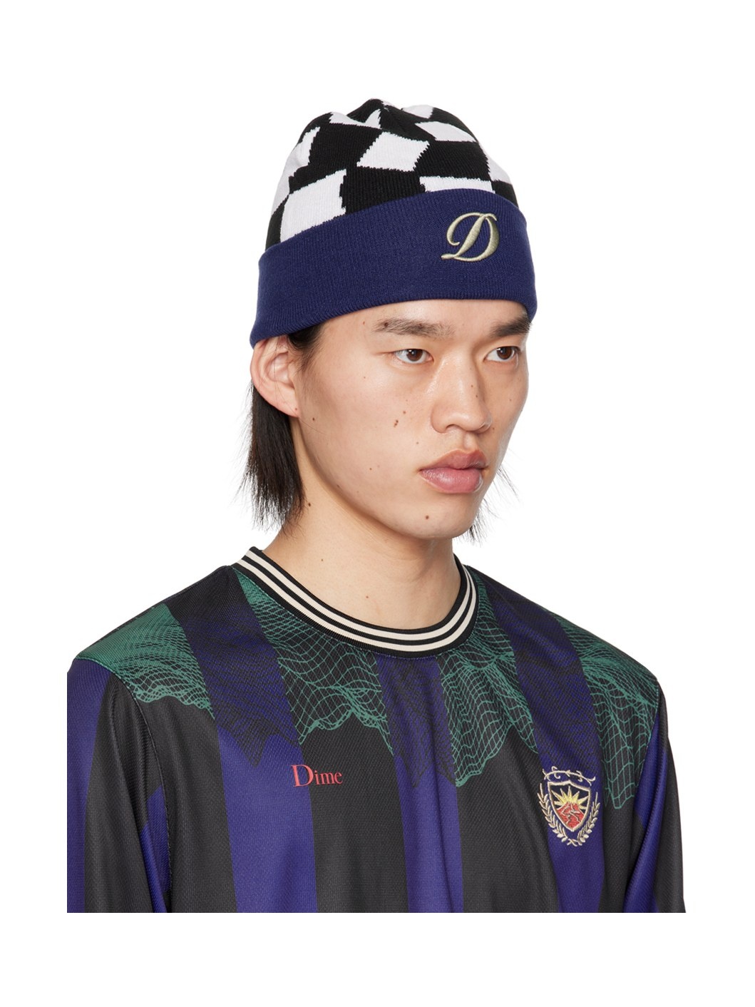 【Dime】 D チェック アクリル カフ ビーニー Dime D Checkered Cuff Beanie / BLACK (ダイム ニットキャップ