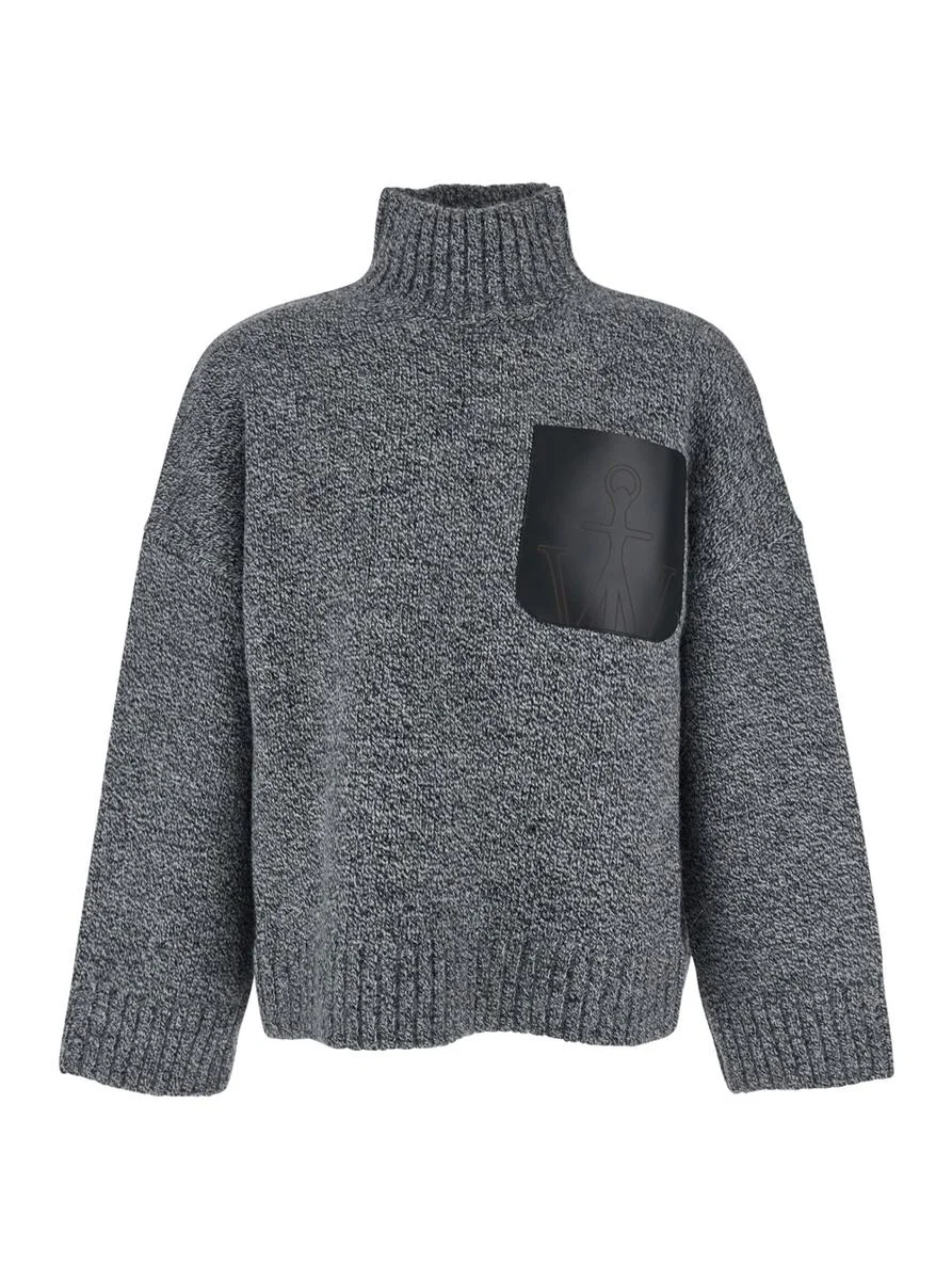 JW Anderson Grey Sweater With High Neck And One Front Patch Leather Pocket In Wool Blend Man - 1