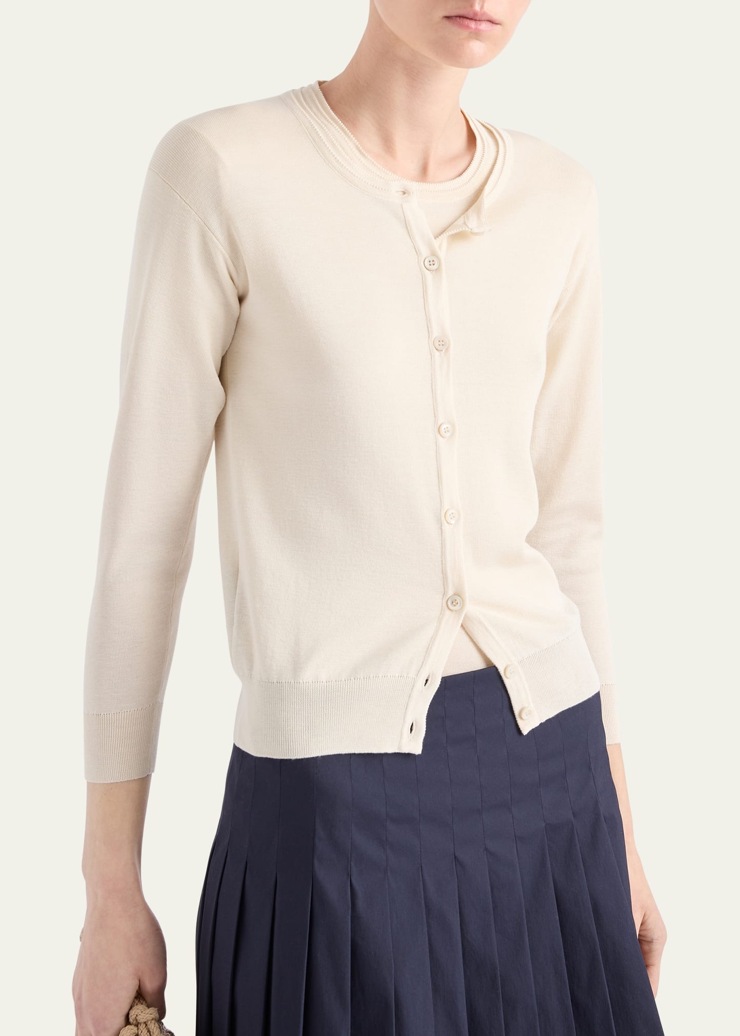 Silk-Cotton Double Crewneck Cardigan - 4