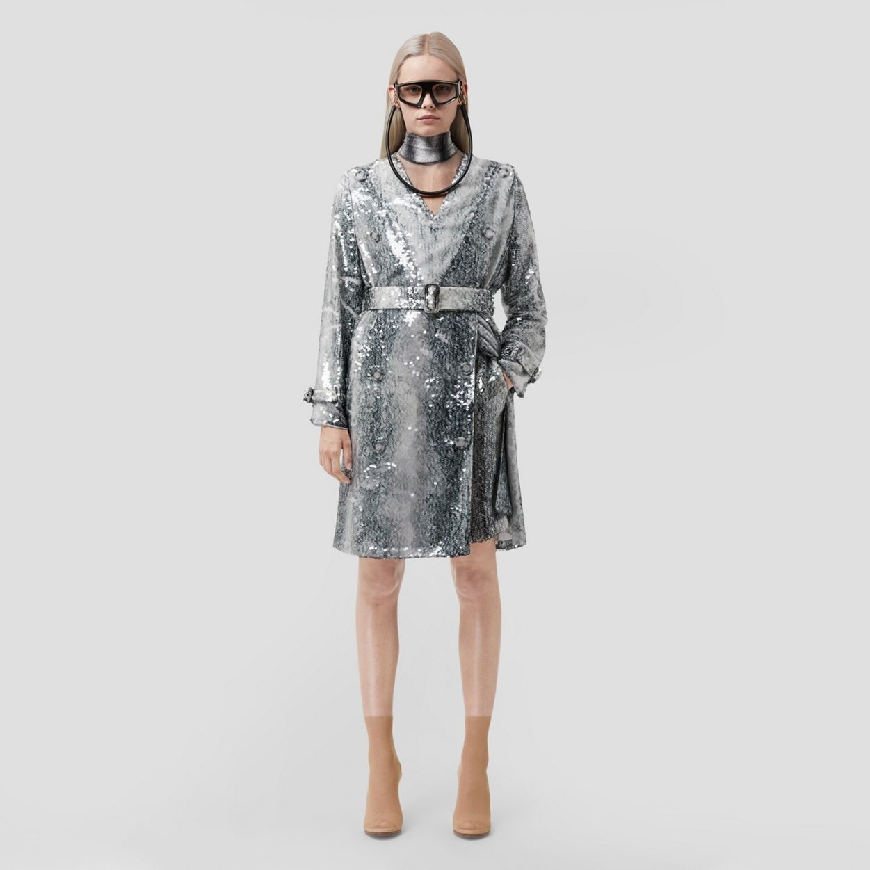 Sequinned Animal Print V-neck Trench Dress - 2