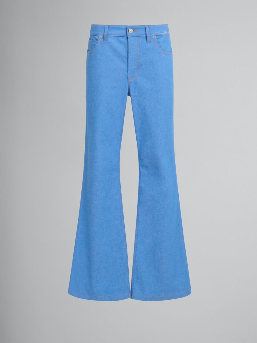 BLUE STRETCH DENIM FLARED TROUSERS - 1