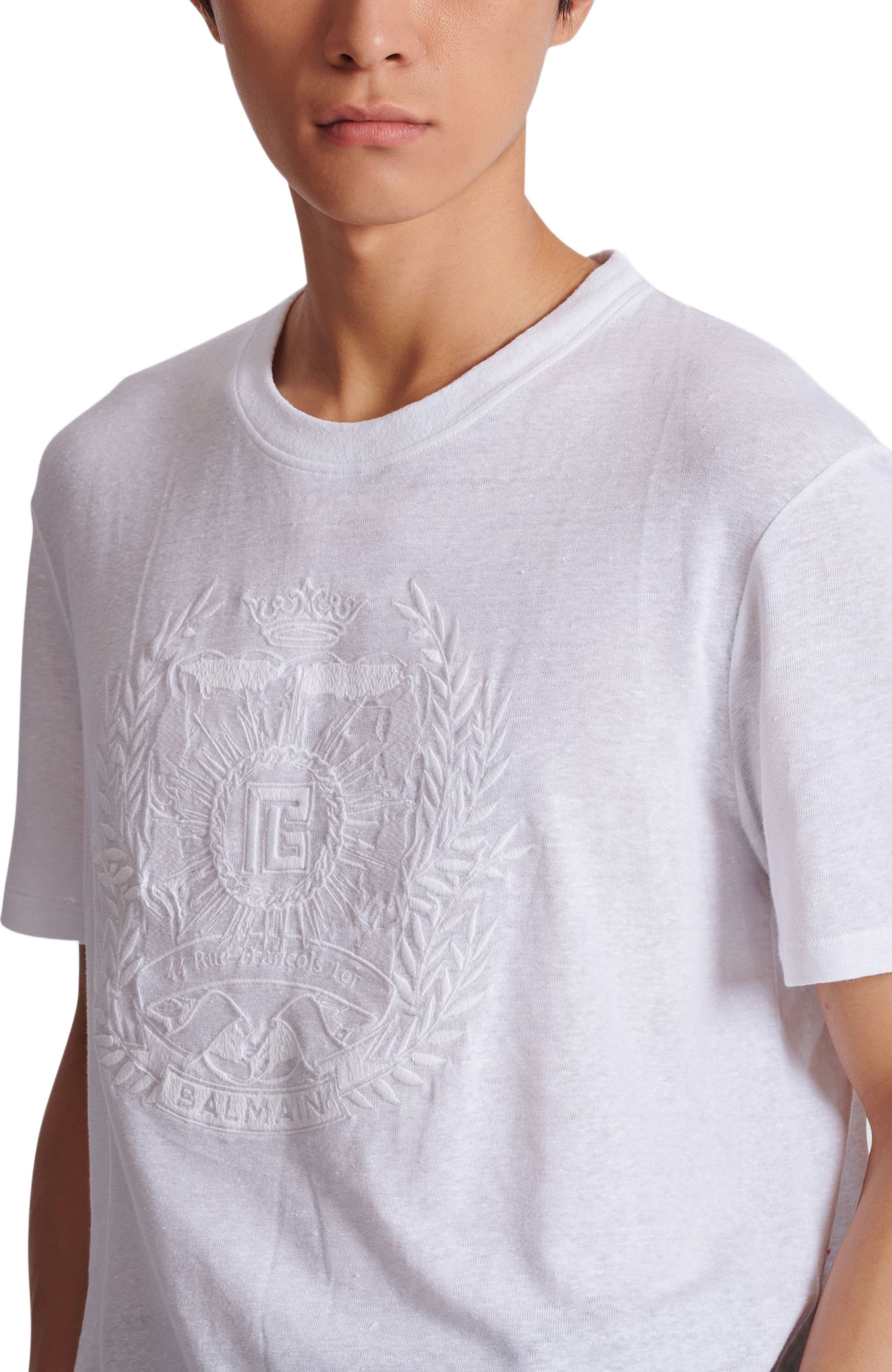 Balmain Écusson embroidered linen T-shirt in White at Nordstrom - 6