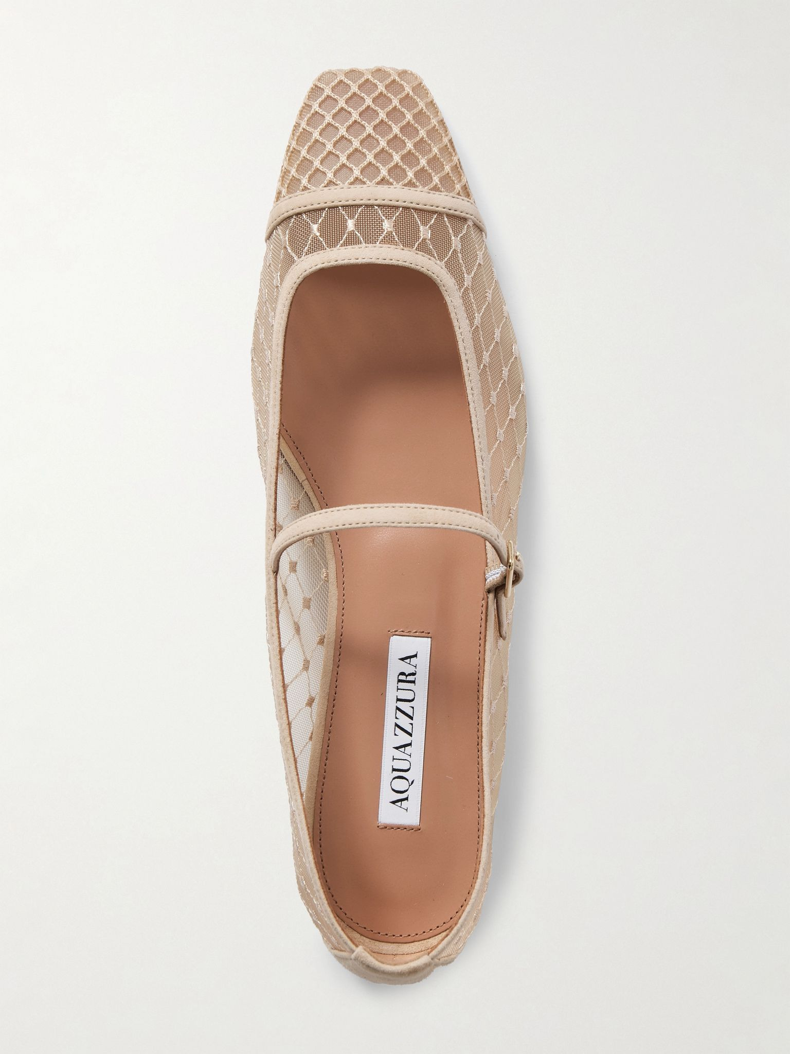 Juliette suede-trimmed embroidered mesh Mary Jane ballet flats Neutral - 5
