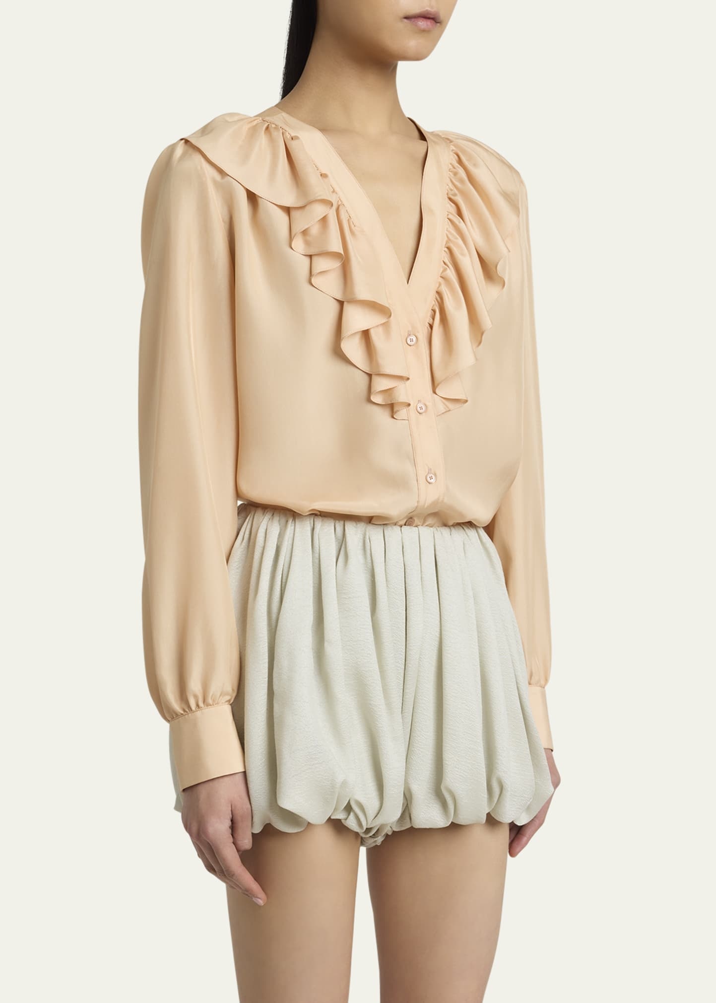Ruffled V-Neck Silk Blouse - 4