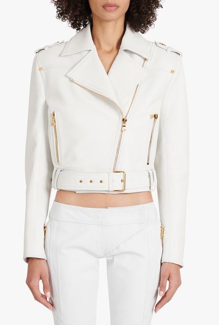 Cropped white leather biker jacket - 5