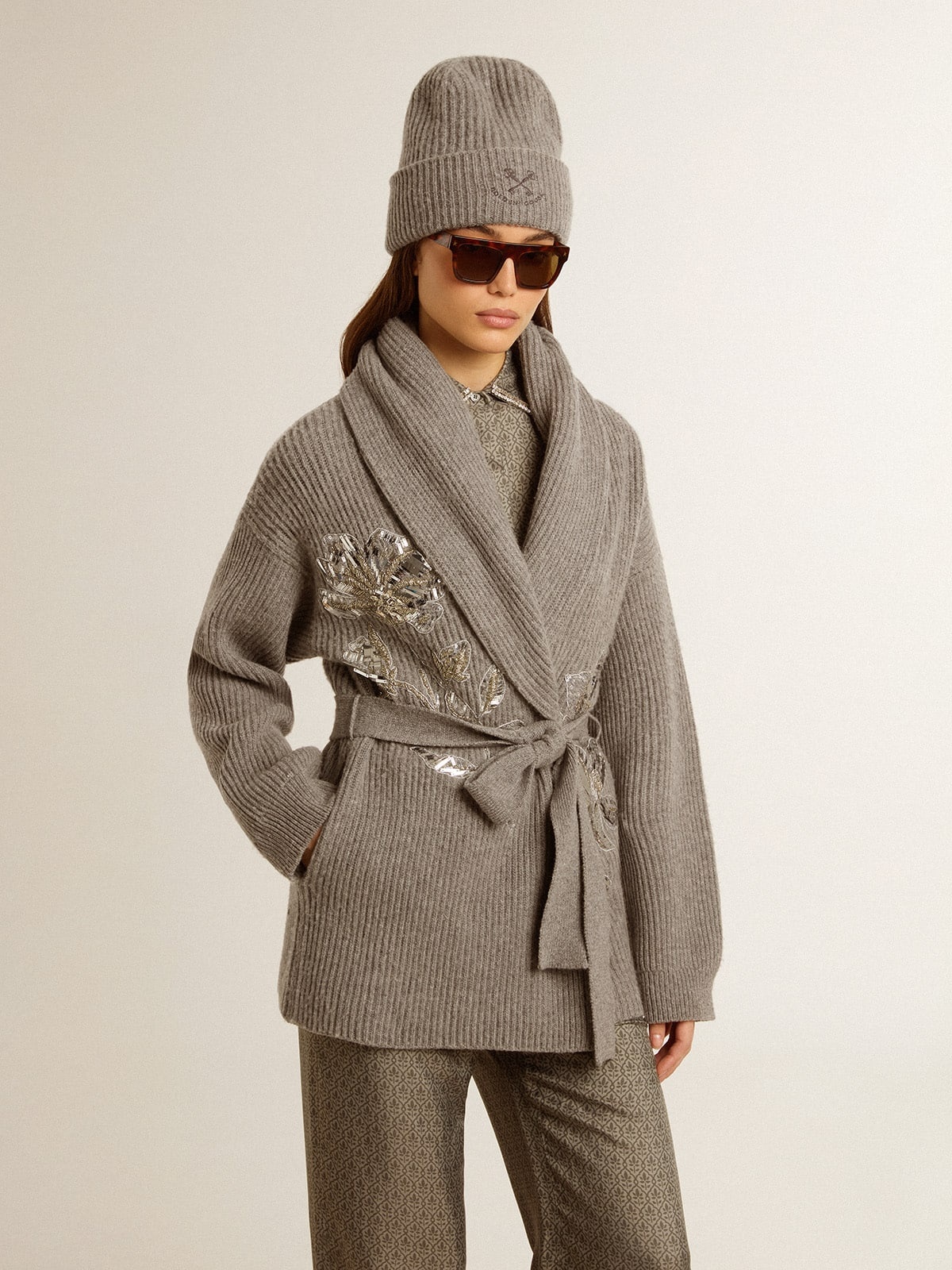 Women's cardigan in gray melange wool with embroidery on the front - 3