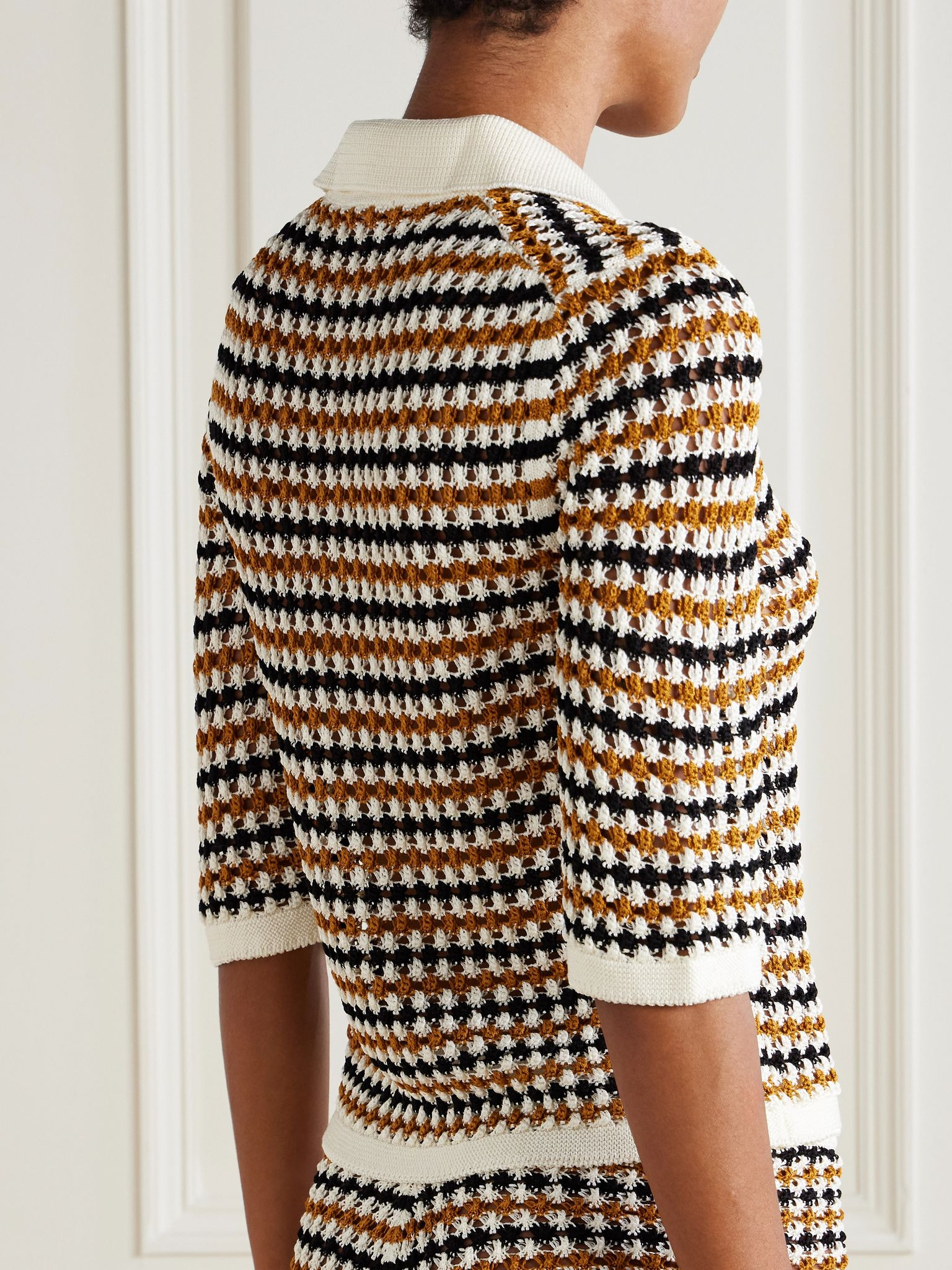 Comeback open-knit cotton-blend polo top Yellow - 3