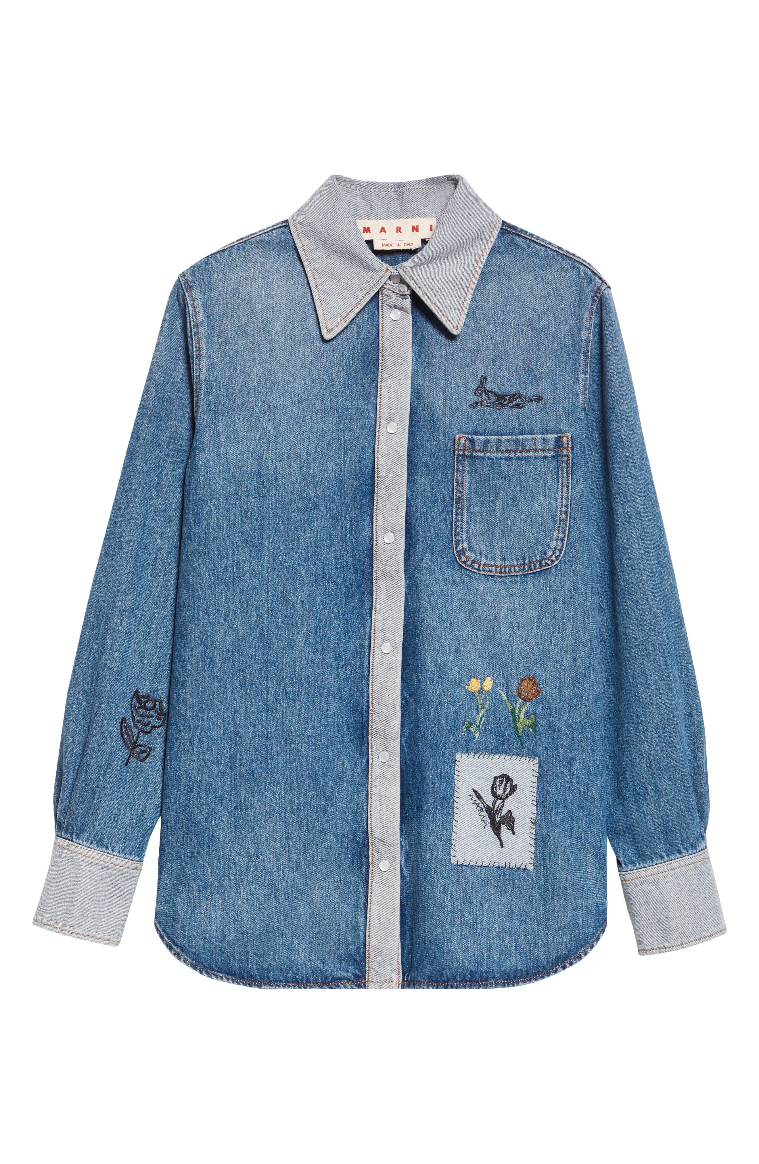 Marni Embroidered Denim Pearl Snap Shirt in 00B52 Azure at Nordstrom - 5