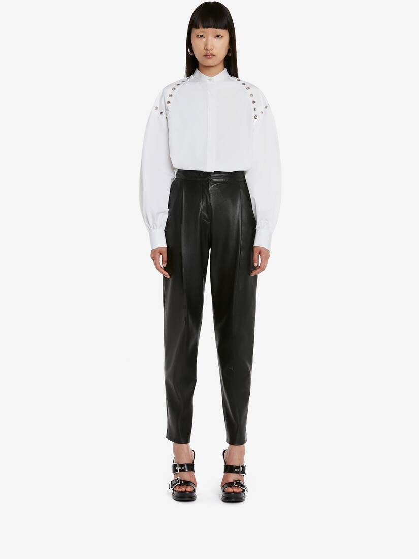 Women's Pleated Leather Trousers in Black - 2
