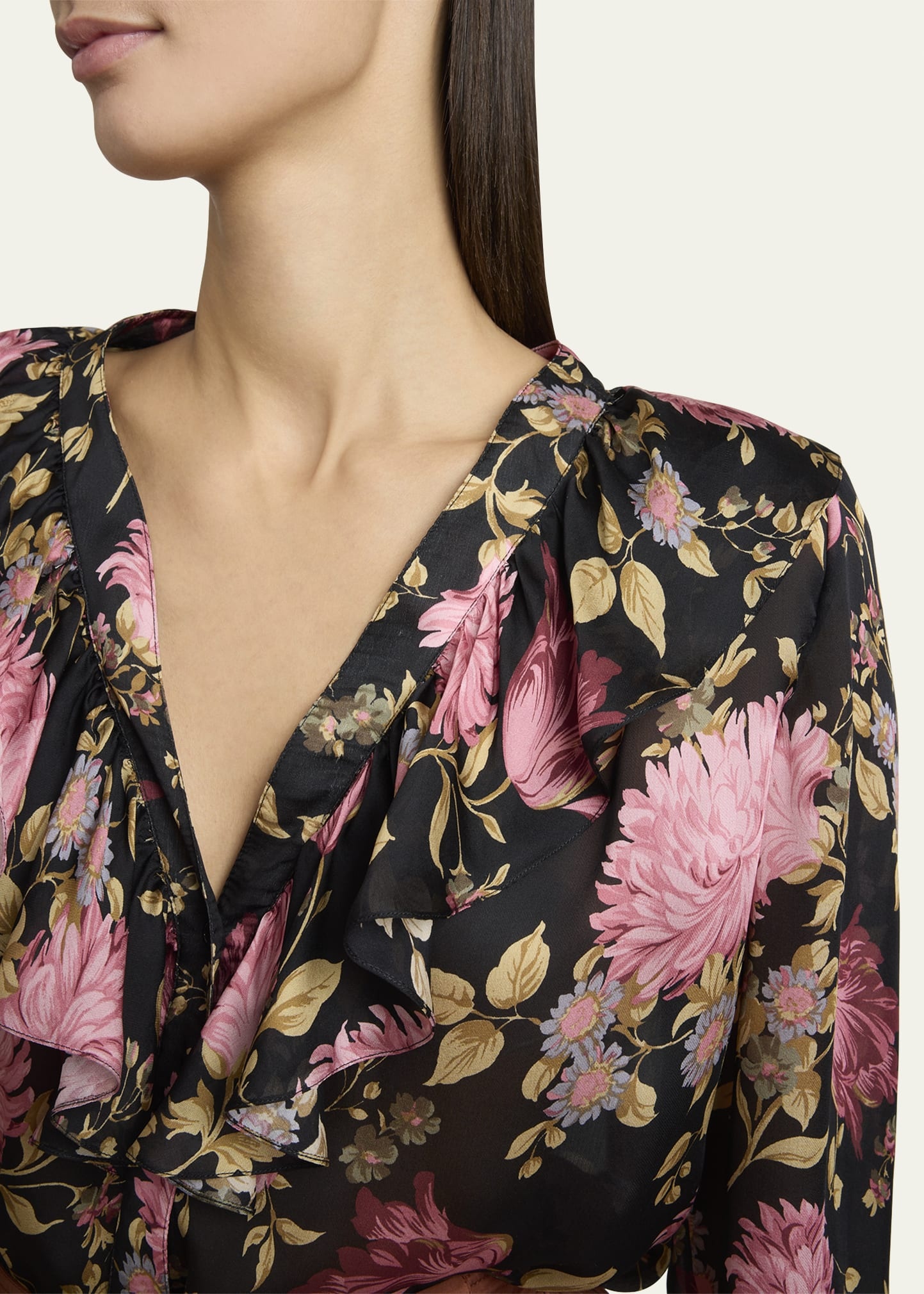 Floral Ruffle-Trim Button Down Silk Top - 5