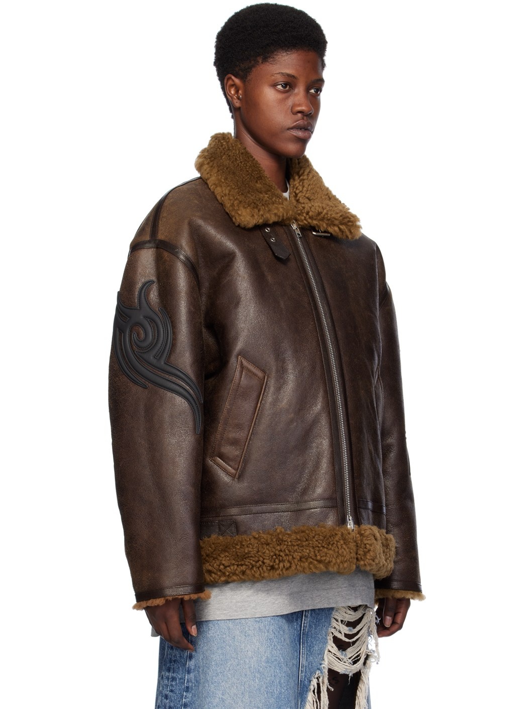 VETEMENTS Brown Graphic Shearling Jacket REVERSIBLE